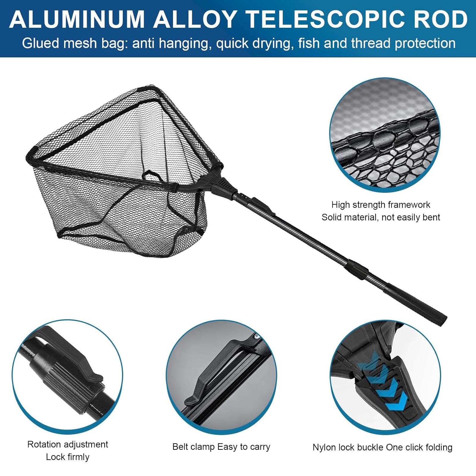 Gumowany podbierak wędkarski – 90 x 40 x 30 cm siatka wędkarska z uchwytem teleskopowym, składany podbierak z uchwytem ze stopu aluminium, podbierak wędkarski do spinningu, podbierak na ryby drapieżne