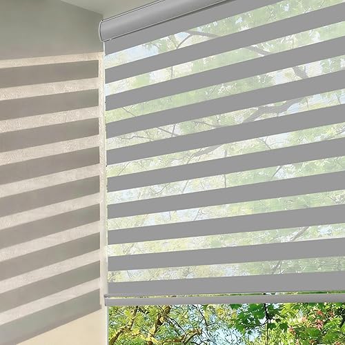 Changshade Zebra Blinds for Windows Cordless Double Layered Roller Semi Sheer Shades with Valance Light Filtering Privacy for Day and Night Pull Down Roller Shade for Home Office,20" W×72" H,Grey - (color: Grey, size: 20"W×72"H)