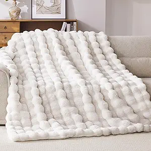 Faux Fur Throw Blanket, 1000GSM Fluffy Soft Bubble Blanket for Couch Bed, Cozy Plush Warm and Thick Blanket, Fuzzy Rabbit Lola Throw for Living Room Bedroom 50''*60'' White