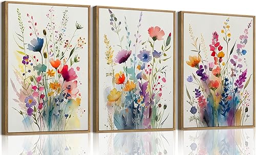 Miniatura 30 de KISSFOX 3 piezas de lienzo de arte de pared de flores silvestres para decoración de pared, cuadros florales, pinturas botánicas, impresiones de