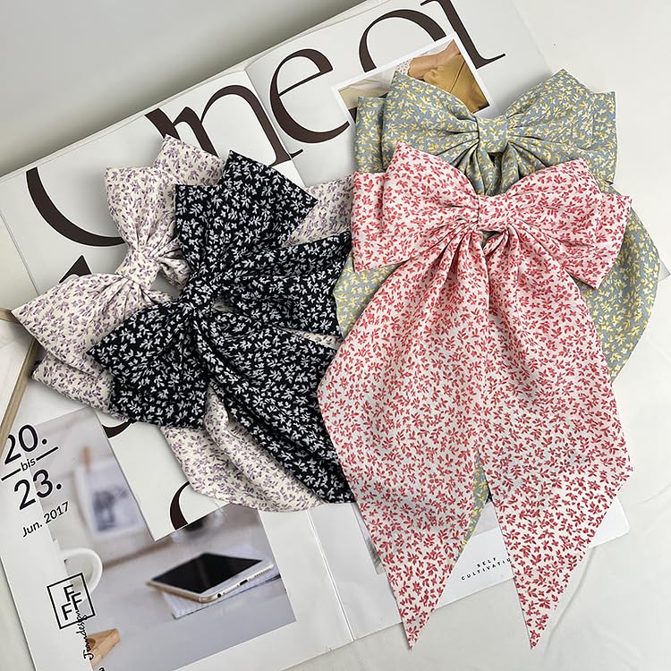 4Pcs Floral Hair Bows Silky Satin Bows Oversized Long Tail Hair Bow Clips Barrettes Big Bowknot Hair Accessories Trendy Stuff for Women Girl(Pink+Black+Purple+Green)