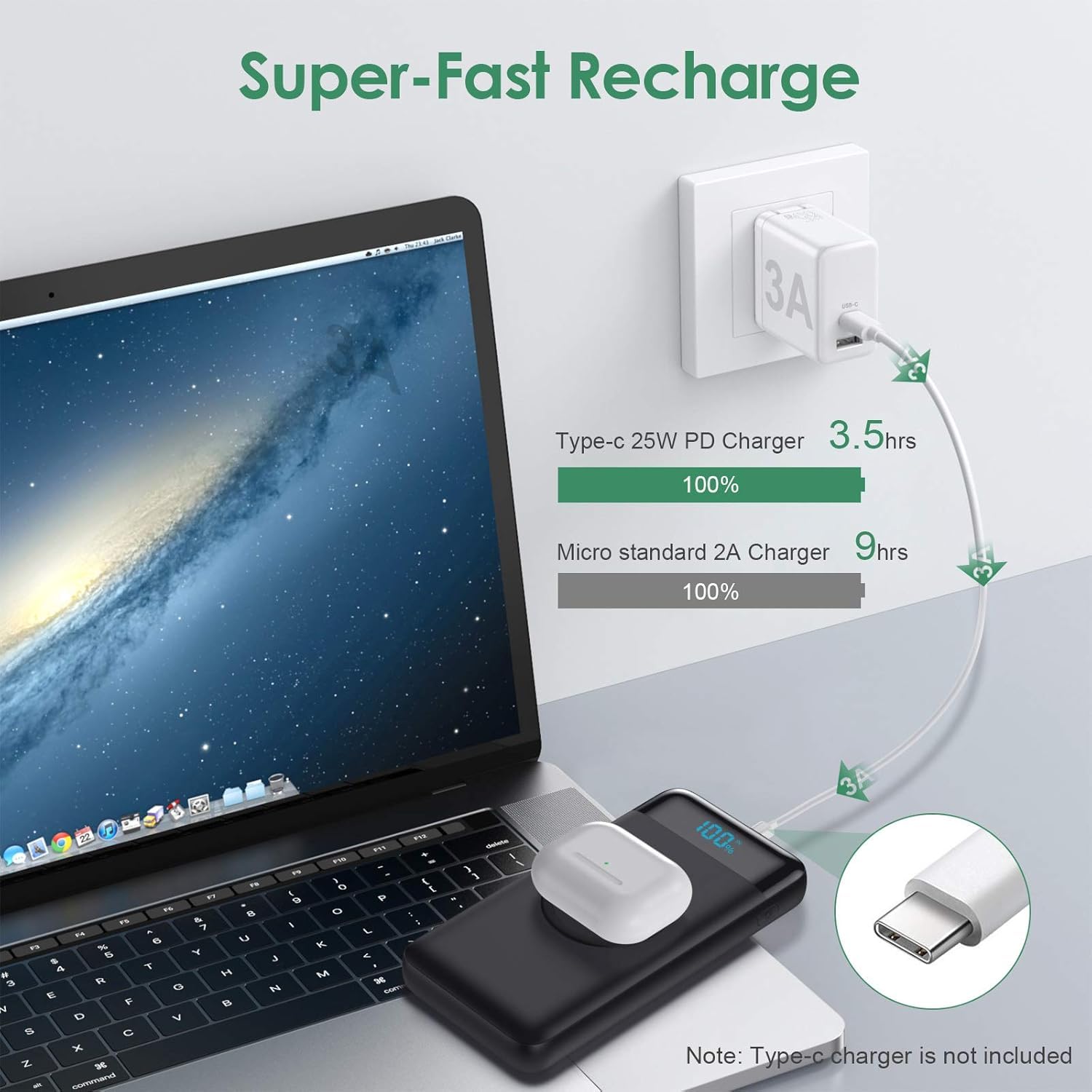 Wireless Powerbank Schnellladen 26800mAh, Power Bank 25W PD3.0+QC4.0, 15W Wireless Charger Powerbank 4 Outputs USB C Externer Akku mit LCD Display Kompatibel mit iPhone Huawei Samsung Oppo-Schwarz