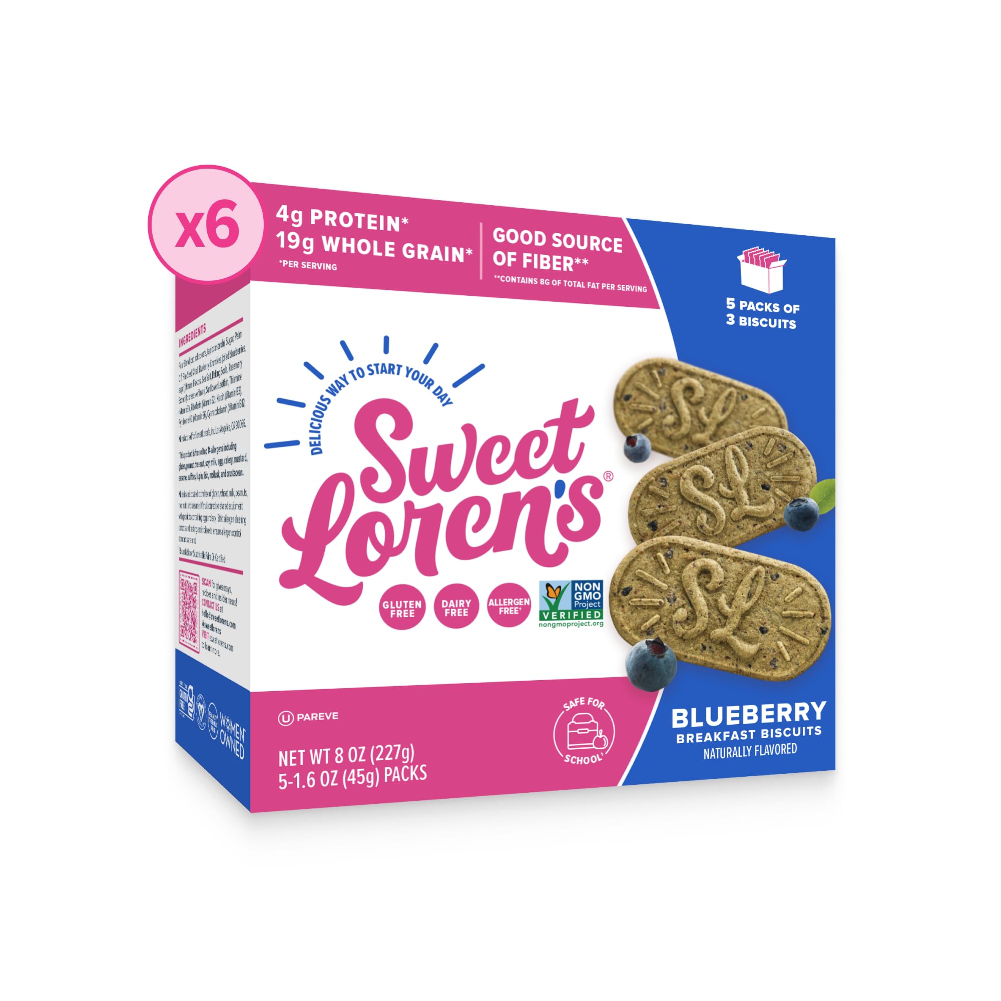 Sweet Loren's Vegan Breakfast Biscuits | Blueberry | 4g Protein, 19g Whole Grains | Plant Based, Gluten Free, Dairy Free, Nut Free Snacks | 6 Pack (30 Total Biscuits, 1.6 ounce each)