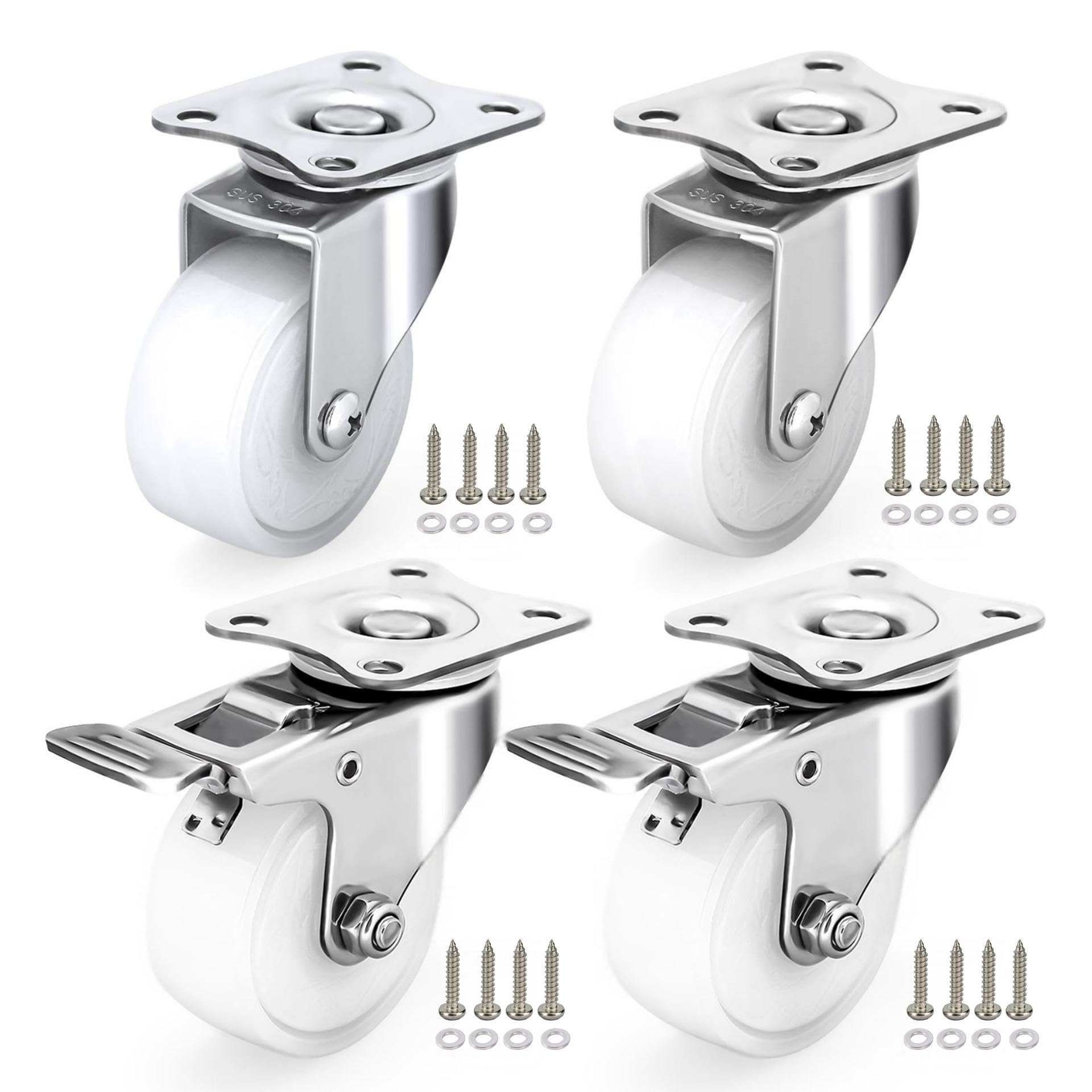 Ruote piroettanti in Acciaio Inox da 2 Pollici con Freno, Set di 4 Ruote girevoli antiruggine per Esterni, Ruote Resistenti in Poliammide PA per mobili, Laboratori e ristoranti.