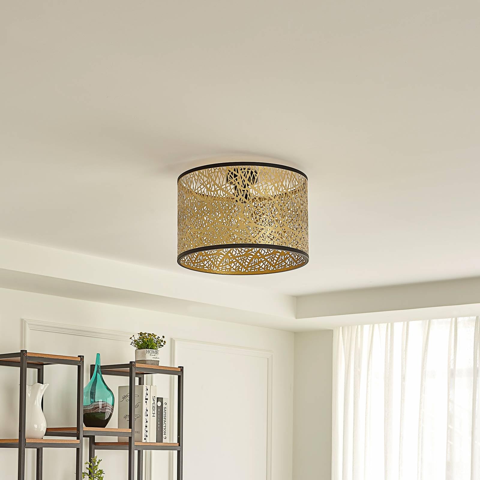 Lindby Plafonnier Yonah à intensité variable (Traditionnel) en Doré Textile e. a. pour Salon & Salle manger (1 lampe,à E27), Luminaire Lampe Plafond Eclerage Eclairage