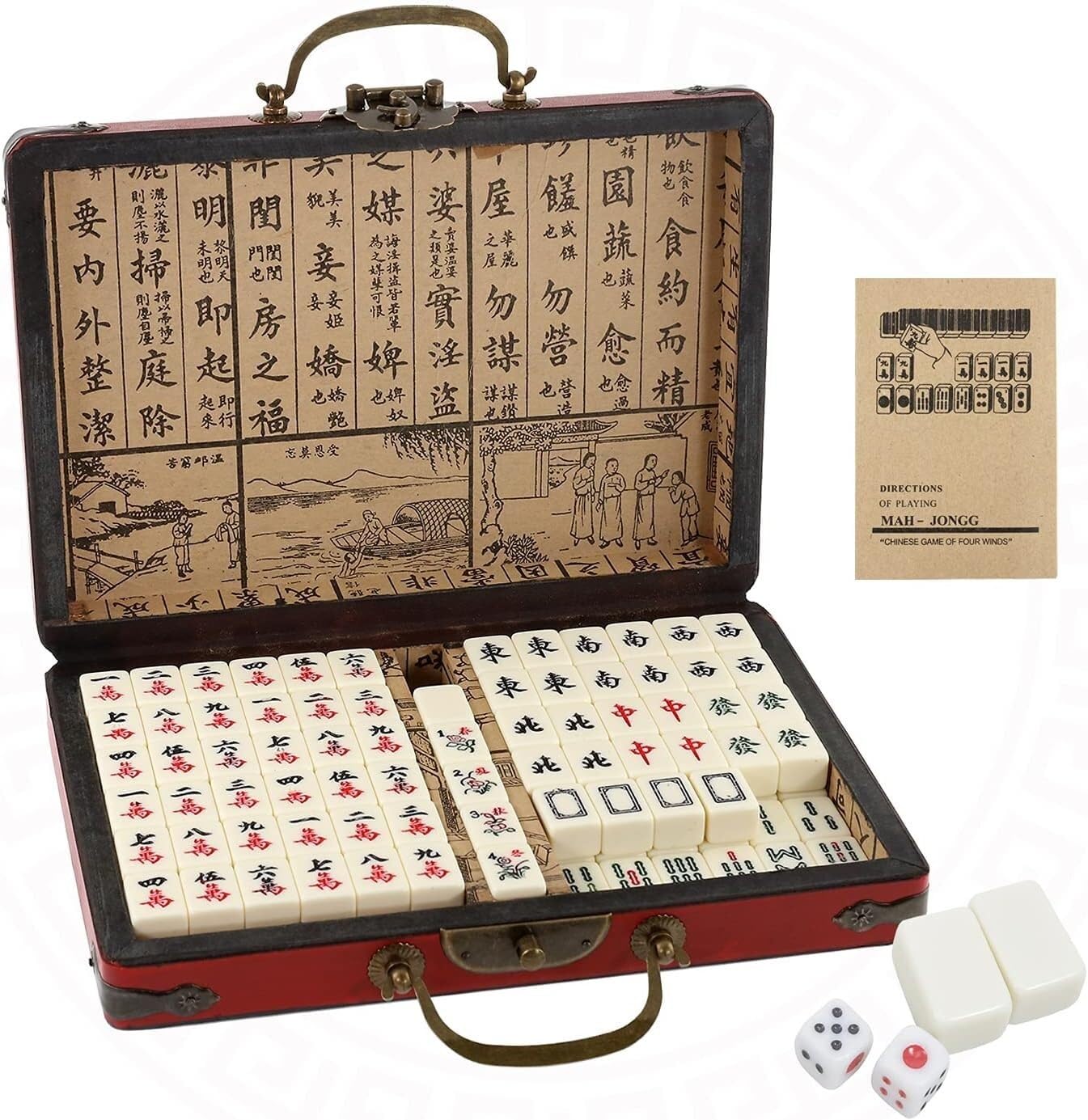 Mini Chinese Majong Set Solid Mahjong Game 144PCS Mahjong Tile Set 2PCS Dadi e Custodia in Pelle(8.7''X4.3''X5.9'')