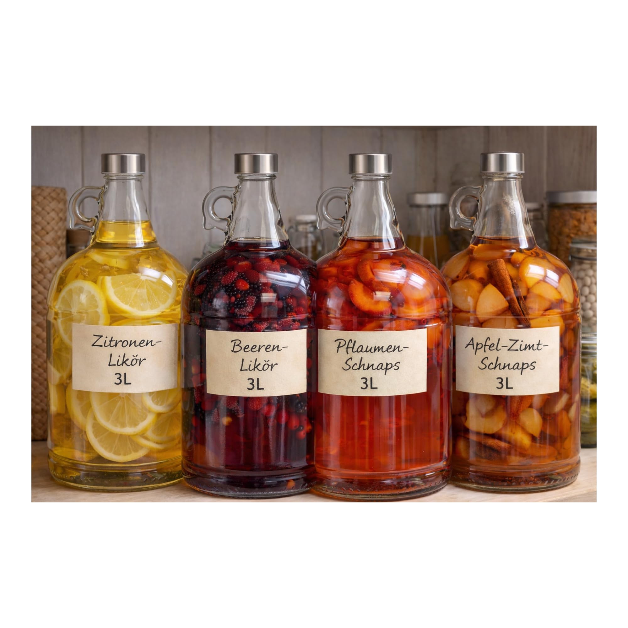 lilawelt24 6x 3L Glasflasche mit Rundgriff und Schraubverschluss für Saft, Likör, Wein, Öl, Essig und Met, dekorative Henkelflasche aus Klarglas 3000 ml (6x 3L Flasche)