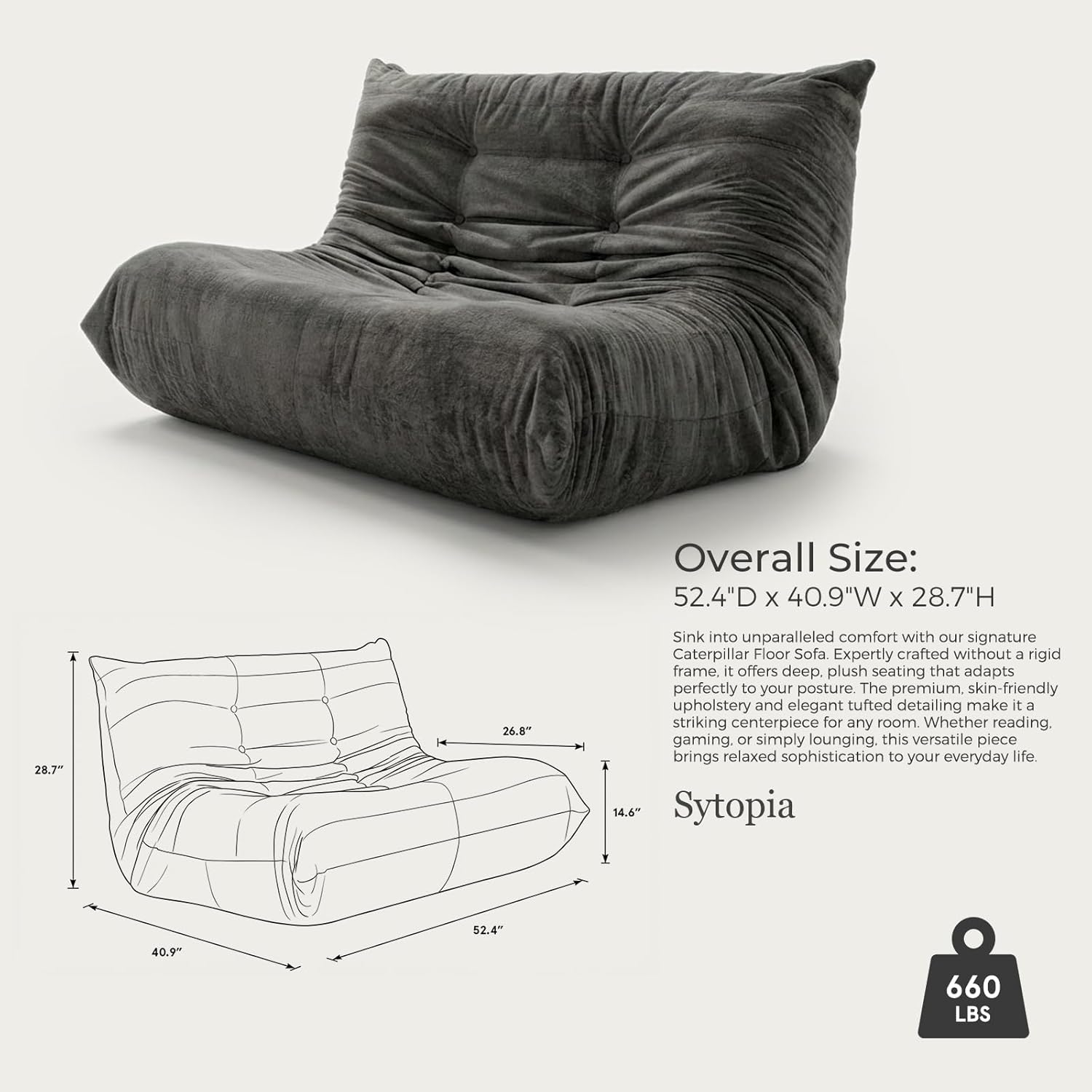 Sytopia Loveseat Bean Bag Chair, Oversized Reading Chair for Adults Ultra-Comfy, Corner Floor Sofa 40D Foam, Furniture for Living Room Bedroom Gaming, Black Onyx