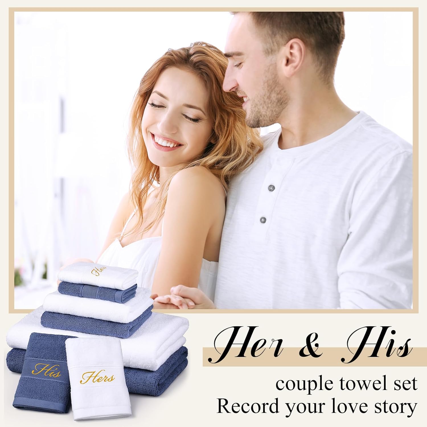 Peryiter 6 Pcs His and Hers Themed Towel Set Honeymoon Gifts for Couples Bride Groom 100% Cotton Travel Bathroom Towel for Valentines Wedding Gift Bridal Shower(Blue and White)