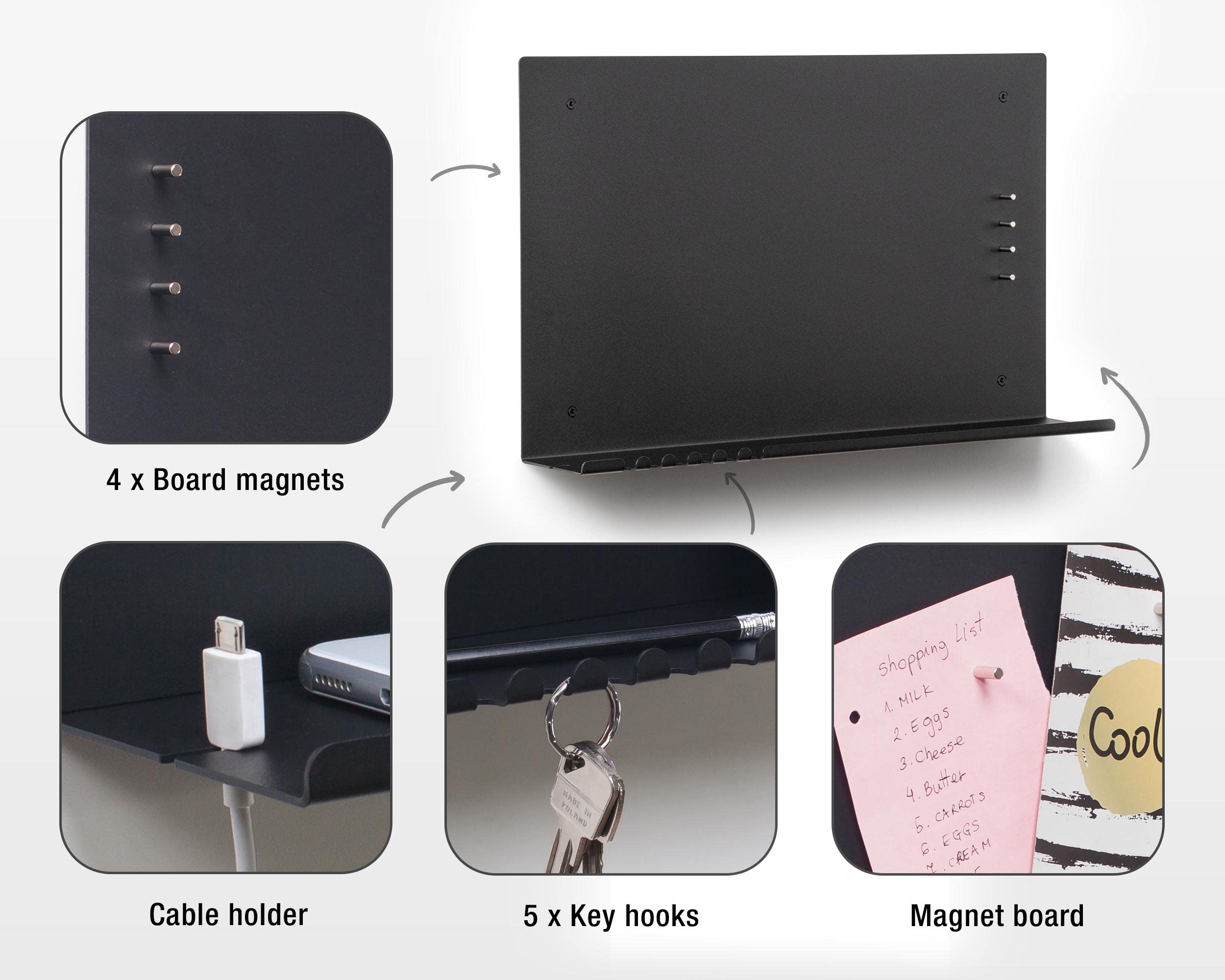 Magnettafel mit Magneten, Schlüssel-Organizer, Telefonregal mit Halterung für Kabel, 49 x 30 cm, Farbe Schwarz