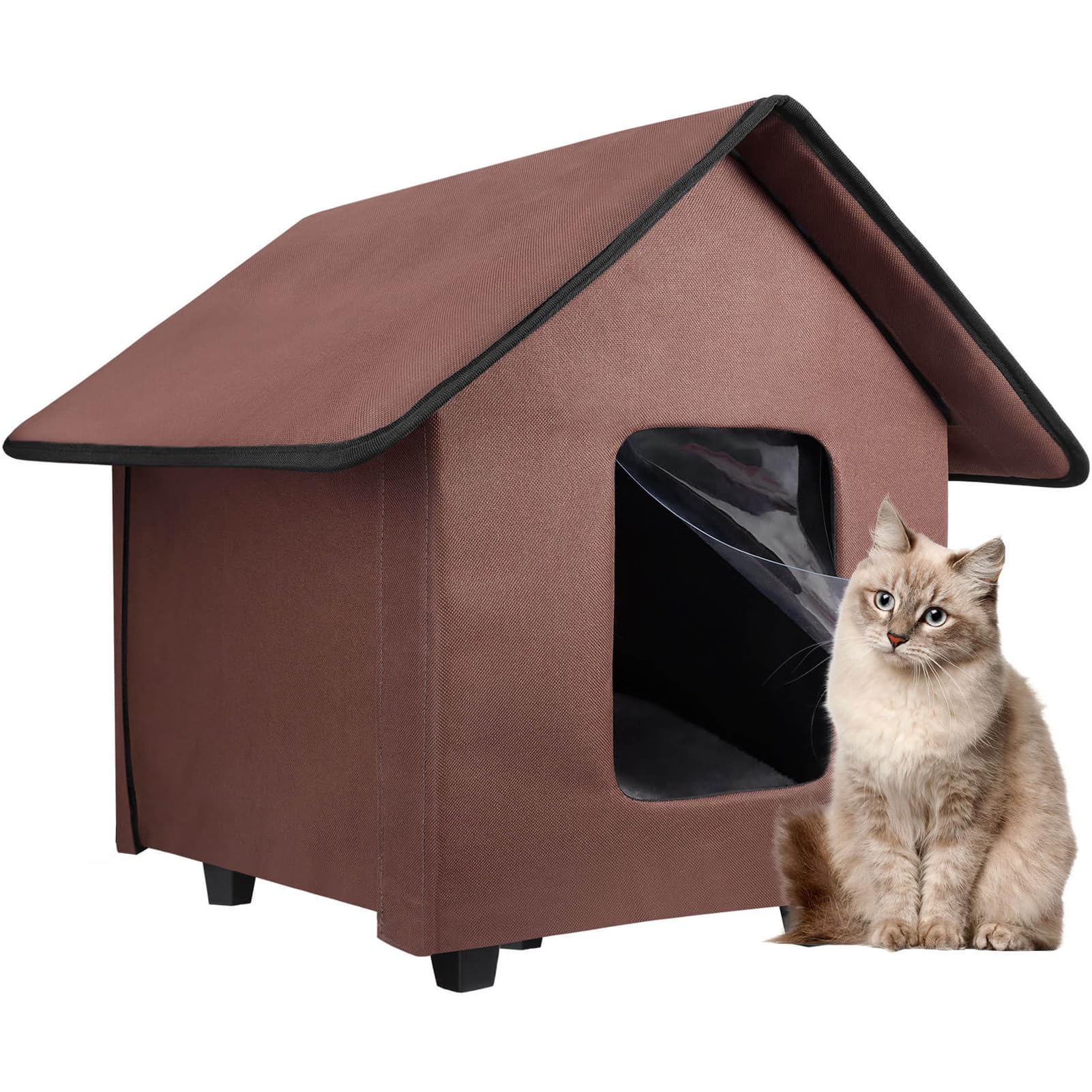 Caseta para gatos al aire libre, impermeable, con suelo elevado y cojín extraíble, plegable, para exteriores, casa de invierno para gatos salvajes y perros pequeños, color marrón