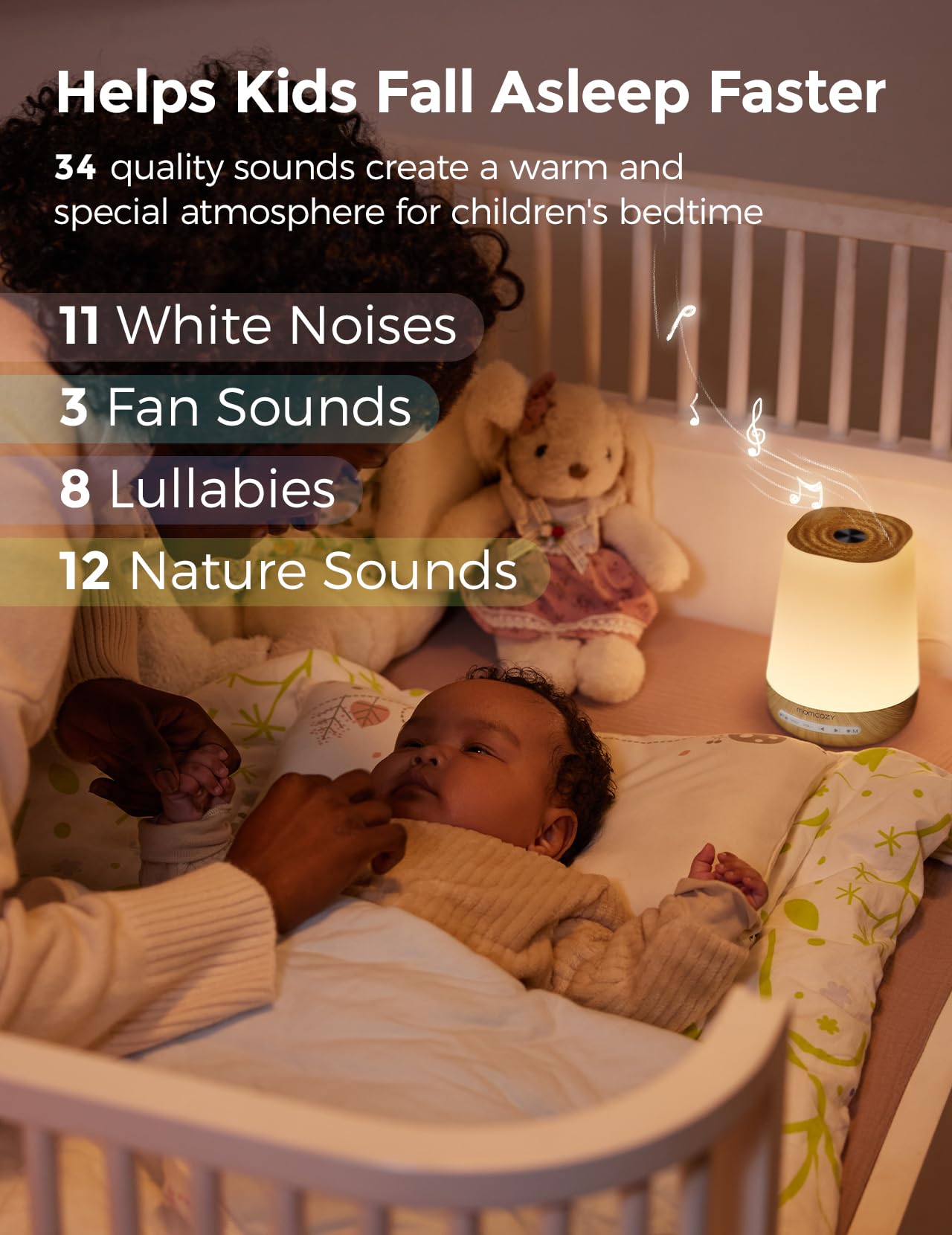 Momcozy Baby White Noise Sound Machine, App Control Sleep Soother | 34 spokojne audio, 7-kolorowa lampa, timer, niestandardowa rutyna na dobranoc, trener malucha i gra dotykowa, słoje drewna