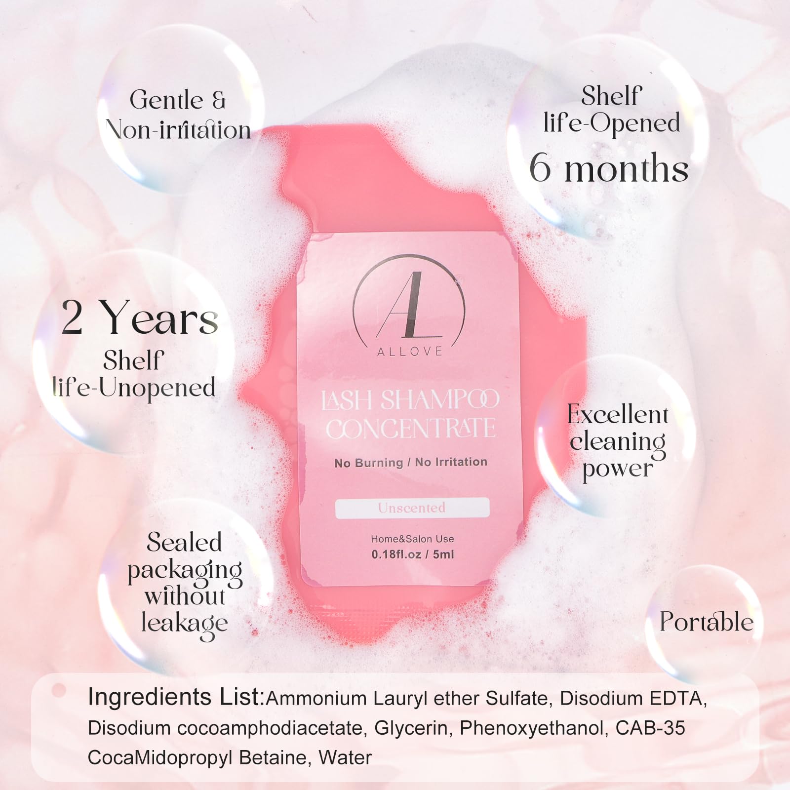 ALLOVE Wimpern-Shampoo-Konzentrat, 5 ml * 10 Wimpern-Shampoo für Wimpernverlängerungen, empfindliches und nicht reizendes Wimpernverlängerungs-Reinigungskonzentrat, Wimpern-Shampoo – parfümfrei