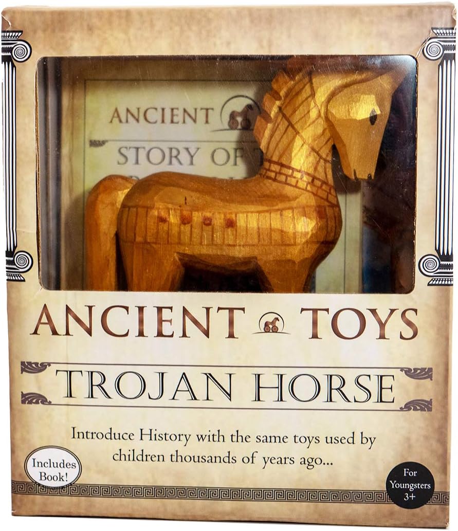 Ancient Toys - Wooden Trojan Horse Pull Toy with Hardcover Book! Teach Children About History Through Interactive Play