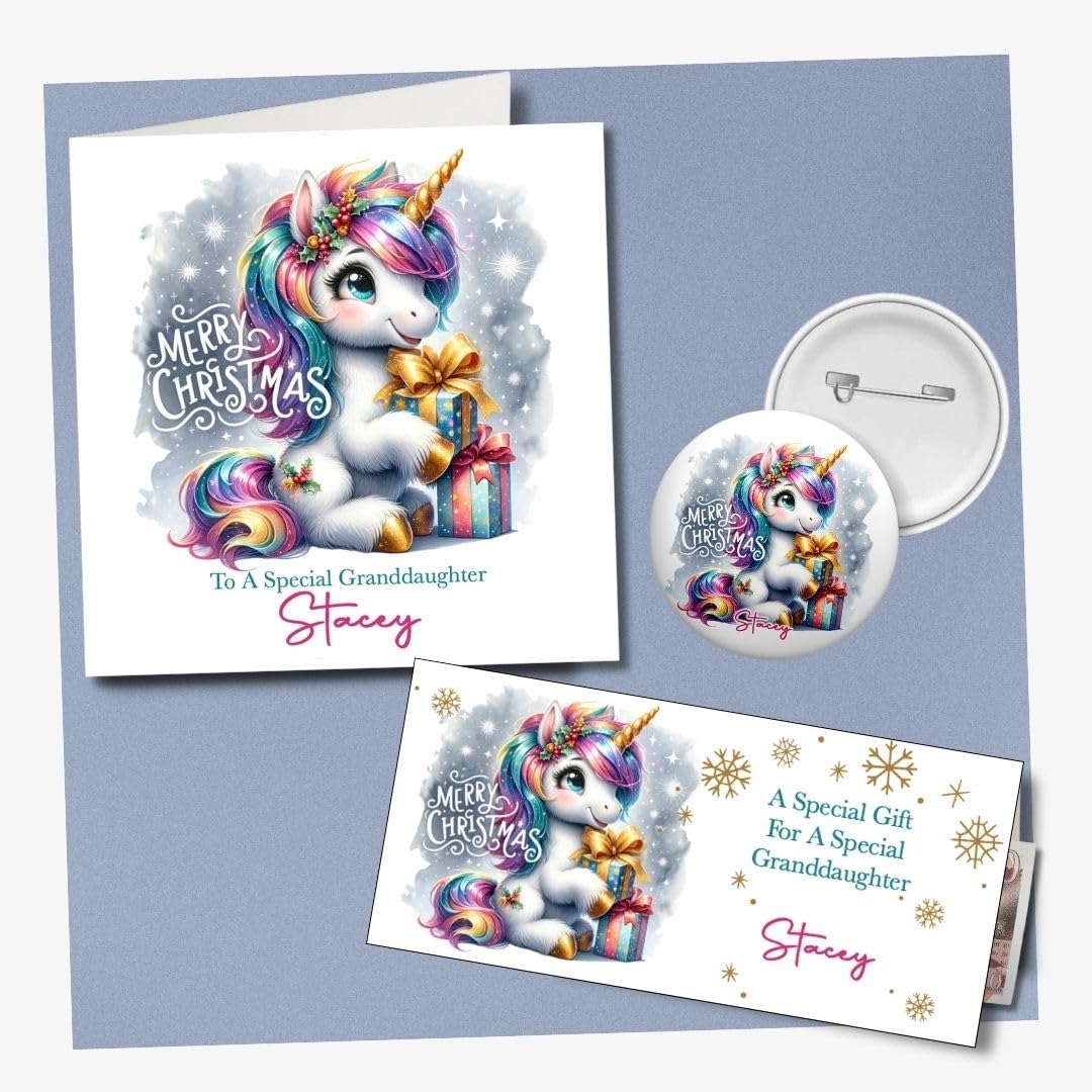 Unicorn Christmas Card Personalised for Daughter Granddaughter Niece Sister Goddaughter Pink Girls Card With Optional Matching Badge & Money Wallet (Large Full Set)