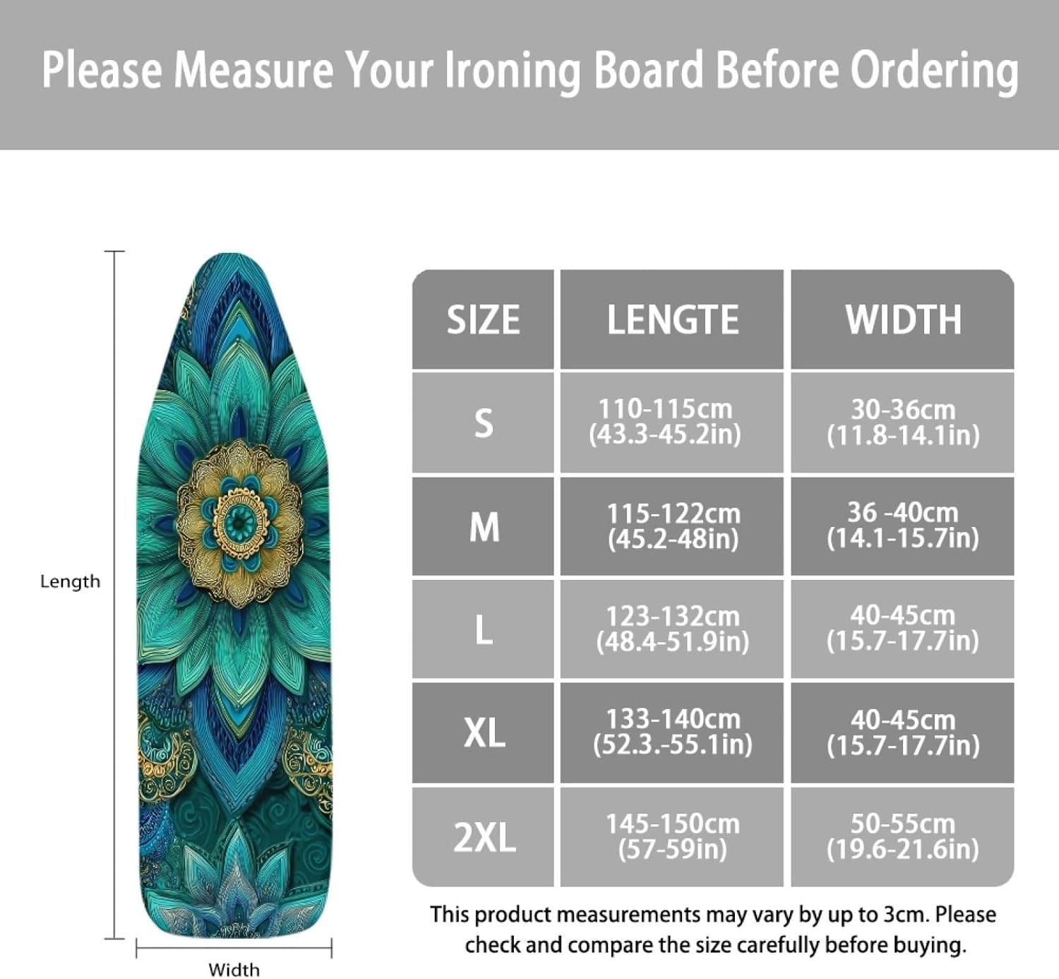 Iron Board Cover with Padding Standard Size Teal Floral Mandala Art Padded Ironing Board Covers 15x54 Heat Reflective Extra Thick Wide Non Stick Scorch and Stain Resistant Heatproof