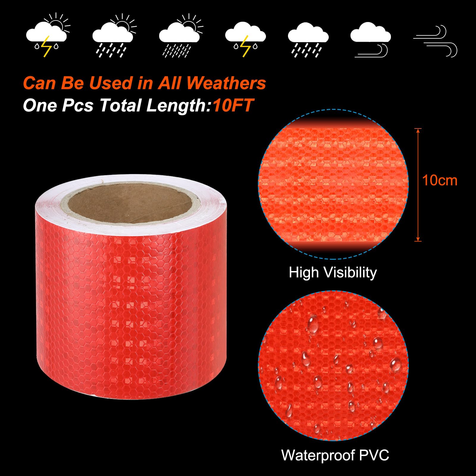 PATIKIL Reflectante Cinta, 4" x 50 Pies Impermeable Adhesivo Alta Visibilidad Advertencia Seguridad Cinta Externa Accesorios Conspicua para Coches Camiones, Roja