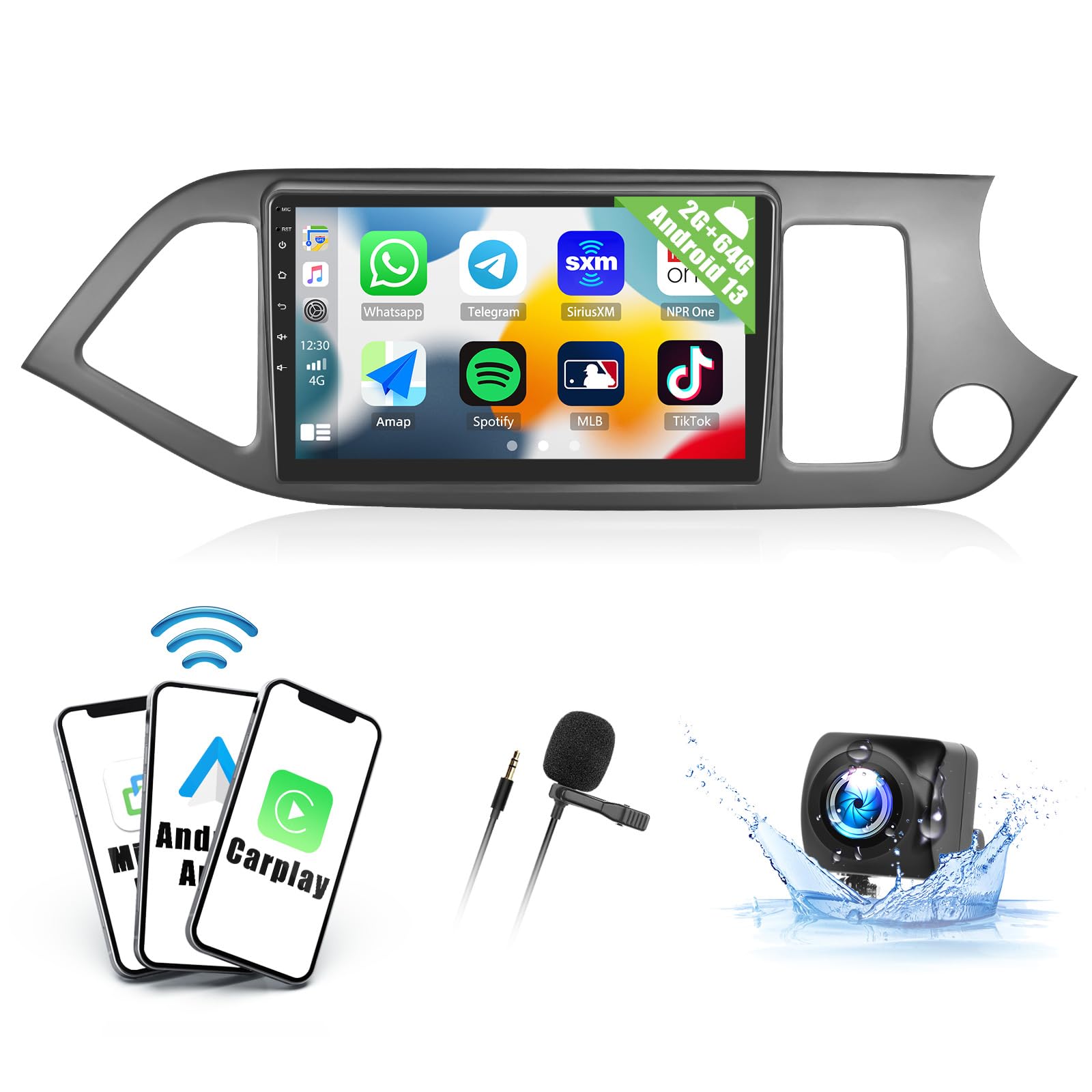 CAMECHO 2G+64G Android 13 Car Radio for Kia Picanto Morning 2011-2017 with Wireless Carplay Android Auto, 9” Touchscreen Car Stereo with GPS Bluetooth RDS HiFi WiFi SWC+Backup Camera