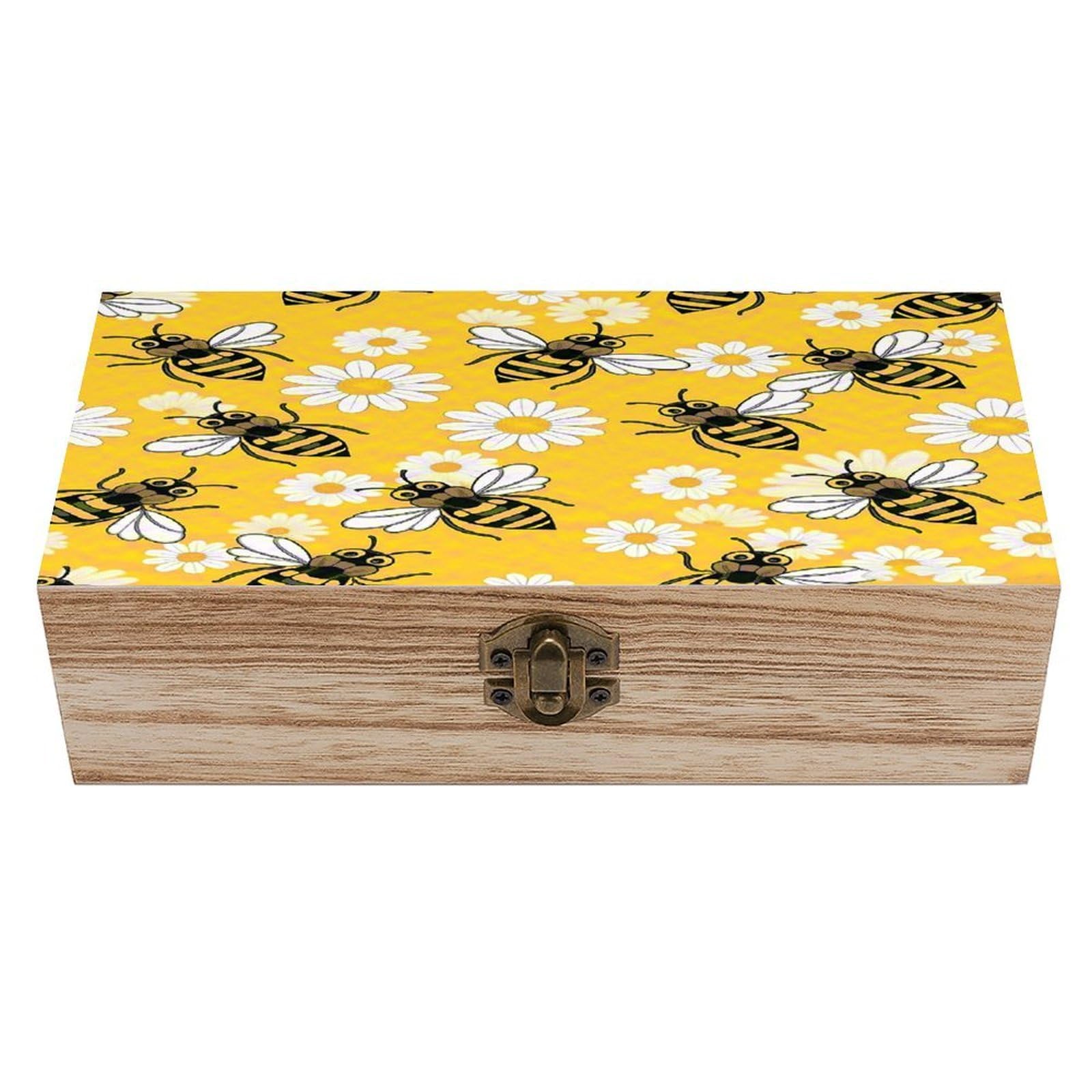 VstaDank Bee Daisy Pattern Wooden Storage Box Decorative Jewelry Case with Lids Exquisite Wood Box Letters Gifts Acacia Wood Boxes Fashion Wooden Keepsake Boxes for Men Women