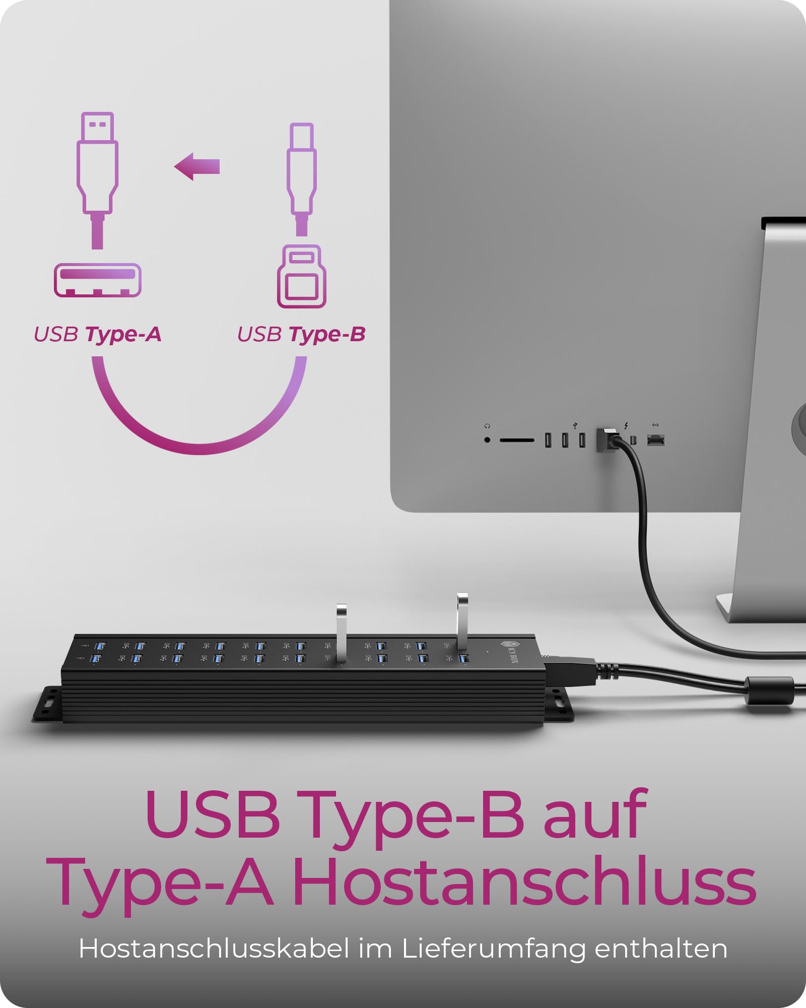 ICY BOX Hub USB 3.2 Gen 1 de 20 Puertos con Adaptador de Corriente de 12 V / 3 A, Carcasa de Aluminio y 2 Puertos de Carga USB, Modelo IB-HUB1720-U3