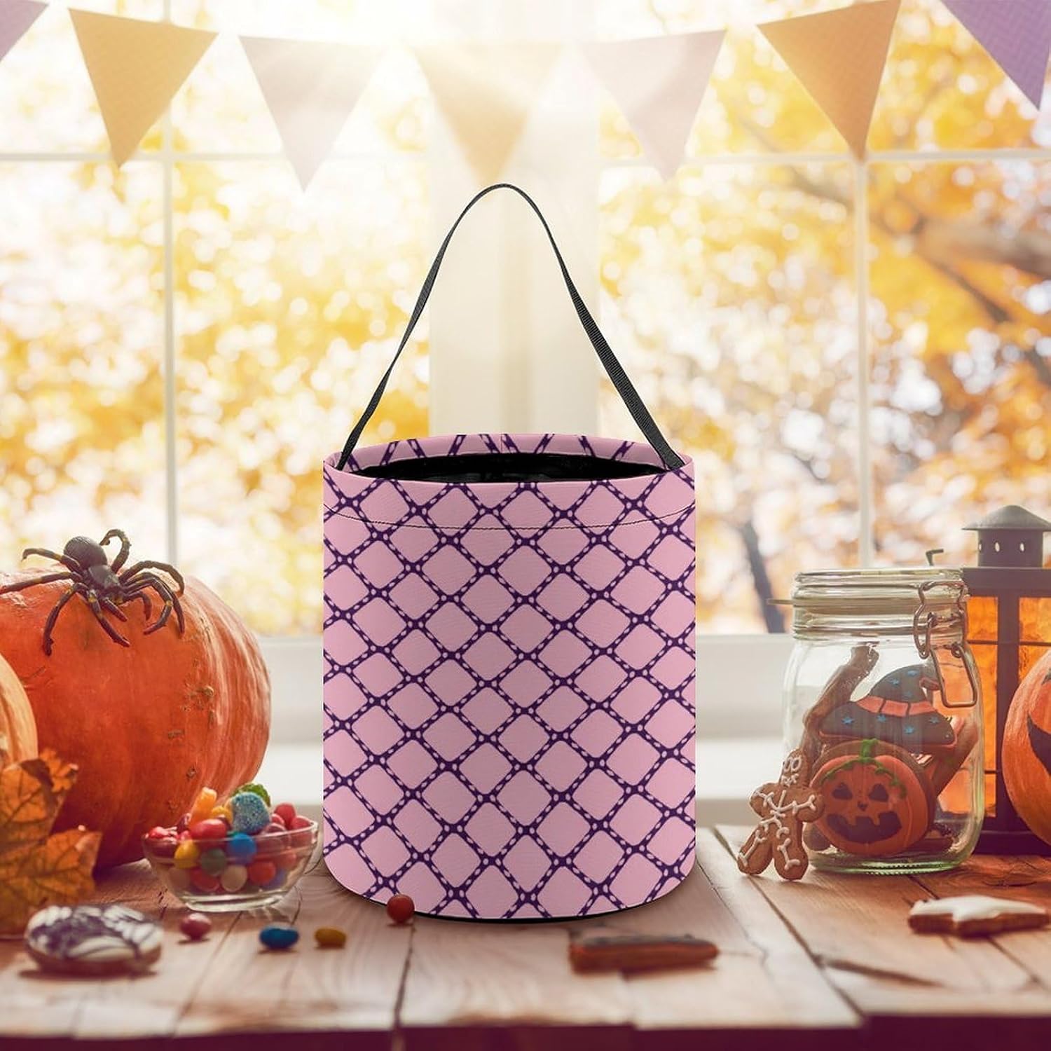 Pink Rhombus Halloween Trick Or Treat Bucket Candy Tote Hand‑held Pouch for Cosplay Theme Party Gift Storage image 5
