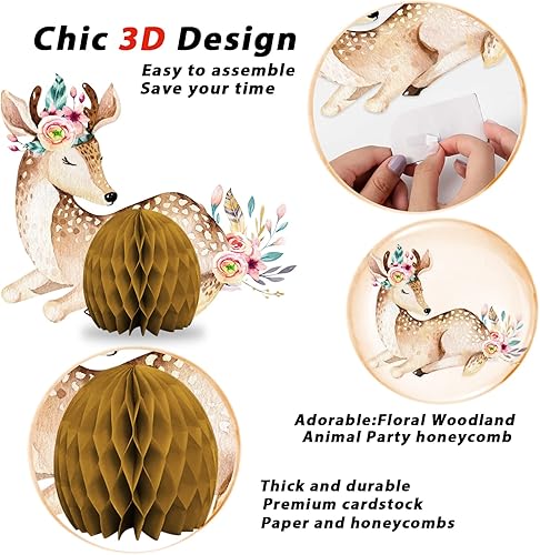 Miniatura 3 de Decoraciones para baby shower con diseño floral de bosque y panal, centros de mesa con diseño de flores rosadas, flores bohemias y criaturas del