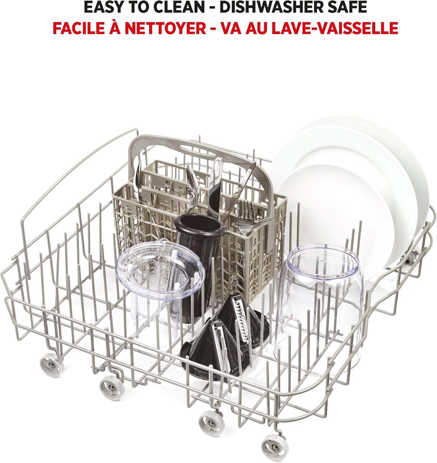 Starfrit Electric Spiralizer detachable parts placed in a dishwasher rack