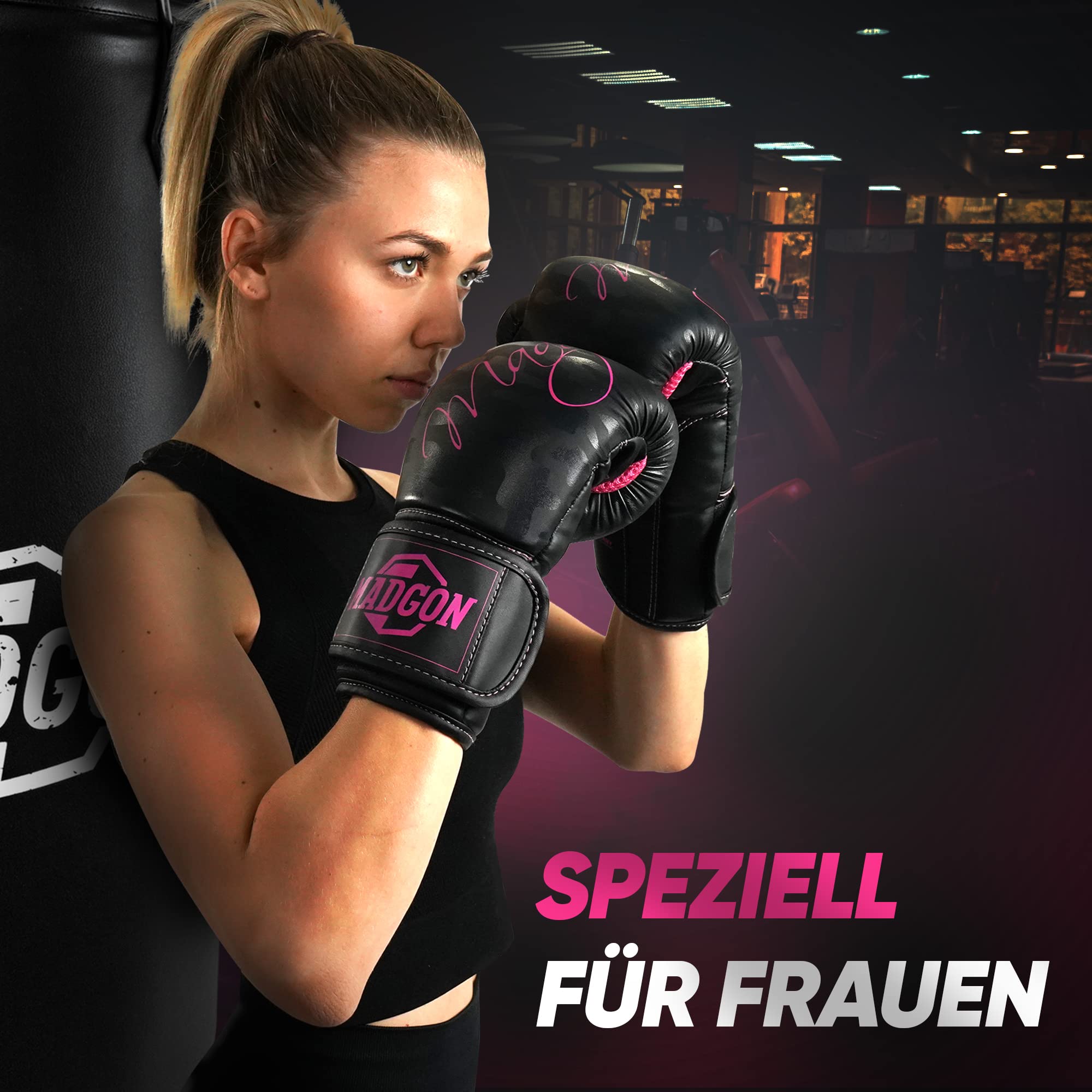 MADGON Premium Boxhandschuhe Damen - Frauen Kickboxhandschuhe für Kampfsport, MMA, Sparring, Muay Thai, Boxen - 10oz