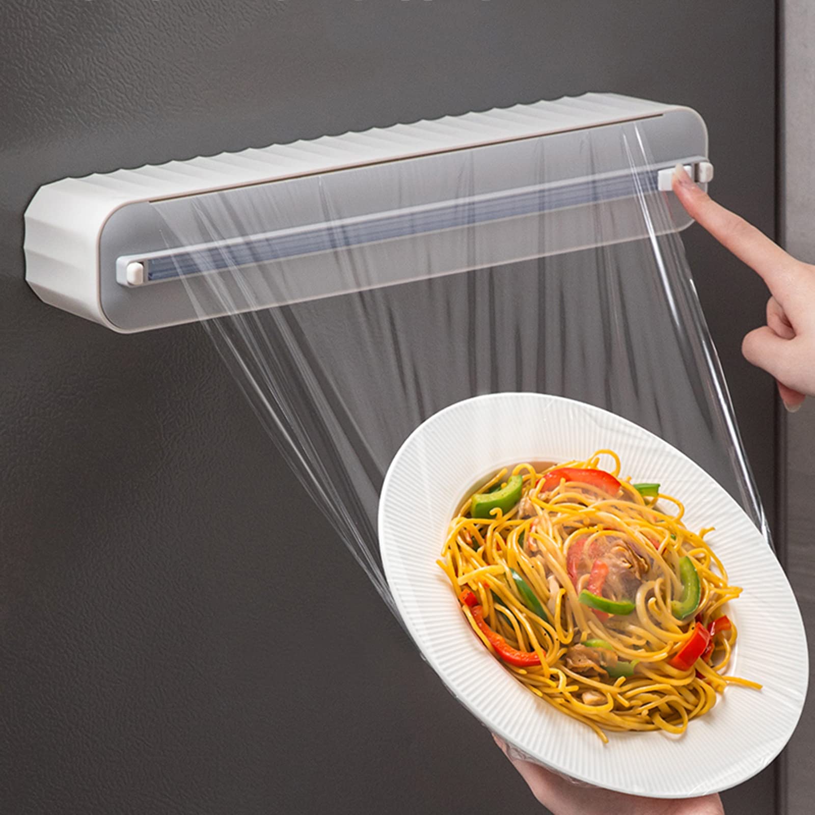 Dispensador de film transparente, dispensador de alimentos, dispensador de film transparente con cortador para cajón de cocina, se puede colgar y se adapta fácilmente al corte del cajón (negro)