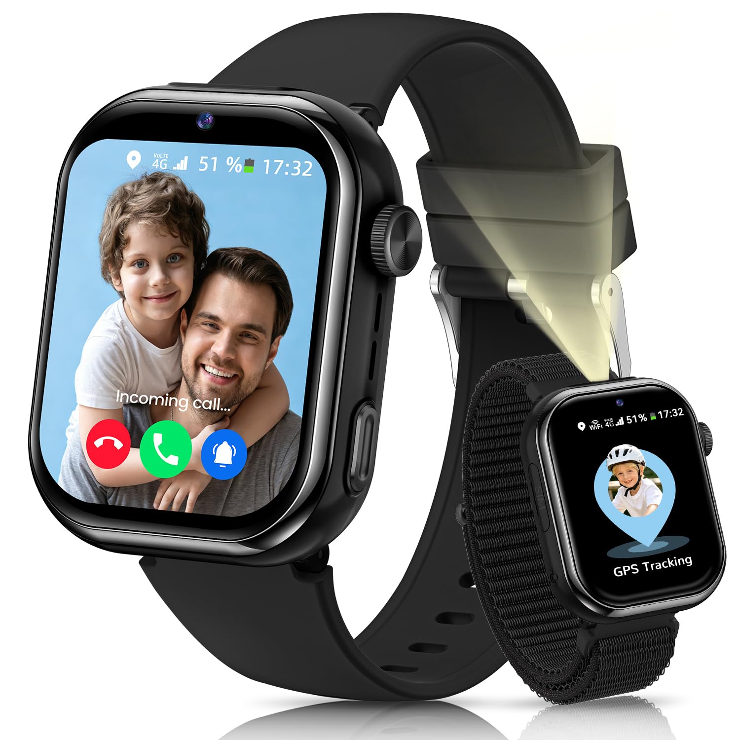 4G Reloj Inteligente Niños con gps y Videollamada, Smartwatch Niños con llamadas, Chat de Voz, SOS, Modo Escuela, Despertador, IP68, Linterna, Podómetro, Flashcard, Regalo para Niños Niñas, Negro