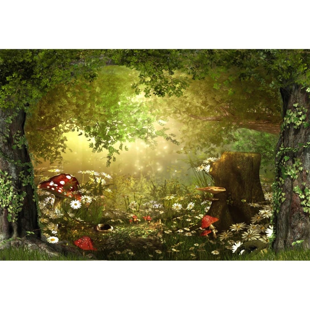 Xiaoterna 4,5x3m Jardin de Champignons de Conte de fées Toile de Fond pour la Photographie Toile de Fond Forêt enchantée Toile de Fond pour Photographie de Printemps avec Fantaisie dans Les Bois
