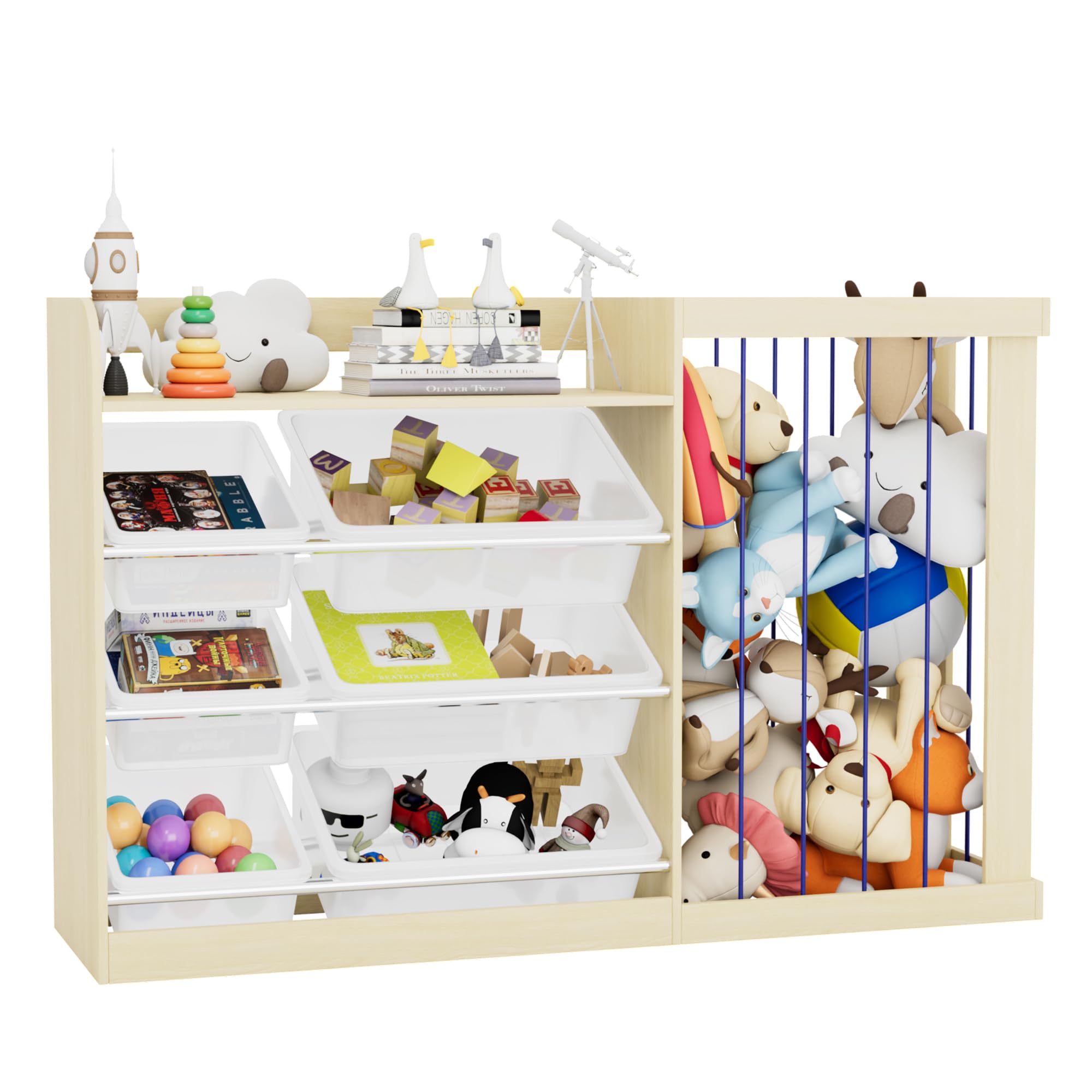 KEEPREAPER 2 in 1 Kinderregal mit 6 Aufbewahungsbox aus Kunststoff und offenem Fach, Spielzeugtruhe aus Holz, Spielzeug Aufbewahrung, Spielzeugregal für Kinderzimmer, 122x34x80cm (Natur)
