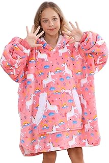 Uttermara Wearable Blanket Hoodie for Kids, Sherpa Oversized Blanket Hoodie with Sherpa Hood, Front Pocket and Sleeves, Cozy Soft Warm Wearable Blanket Sweatshirt, One Size Fits All, Pink Unicorn