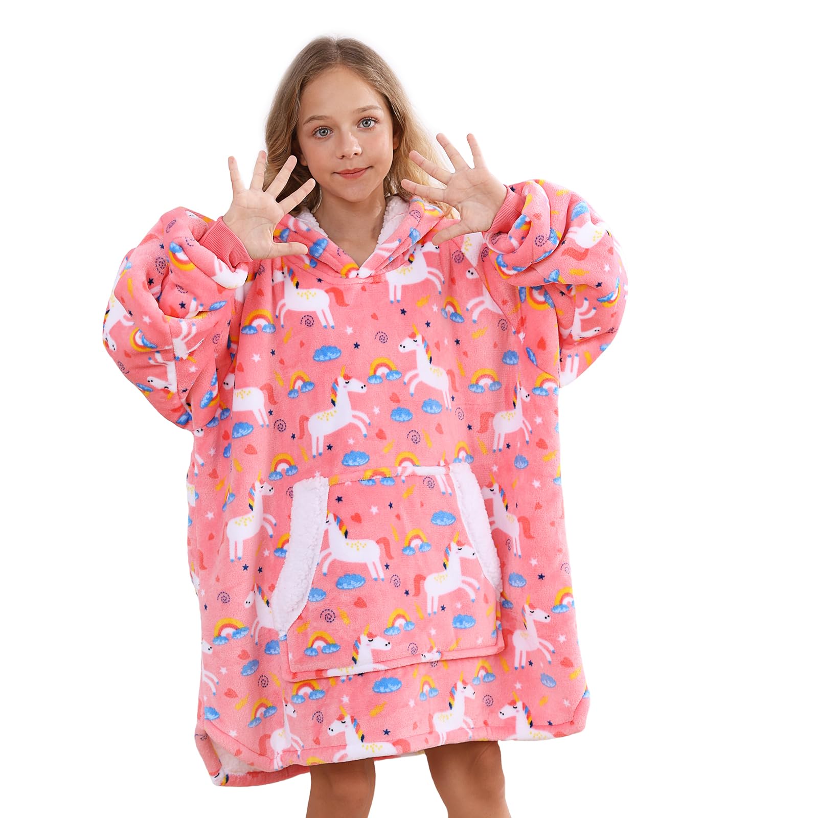 Uttermara Kids Wearable Hoodie Blanket, Oversized Microfiber Sherpa Comfy Wearable Blanket with Hood Pocket, Sleeves, Super Soft Warm Plush Comfy Hoodie Blanket, One Size Fits All, Pink Unicorn