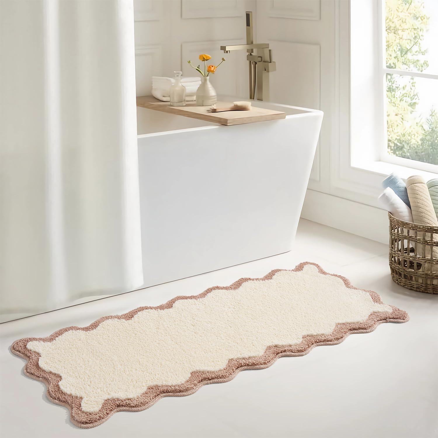 DyeFury Luxury Cute Bathroom Runner Rugs, Boho Bath Mat W/Beige Sand Scalloped Edge, Microfiber Aesthetic Trendy Funky Fun Preppy Rug, Extra Soft Bathroom Mat Non-Slip for Shower, 47'' x 20''