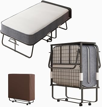 ijuicy Folding Bed, Steel Frame with 4 Movable and Lockable Wheels, | 75" x 46" Rollaway Bed Featuring Headboard, 5" Thick Mattress Filled with High Rebound Foam and Storage Cover for Adults