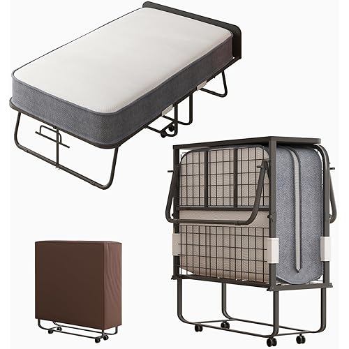 ijuicy Folding Bed with 5" Mattress for Adults, 75" x 31"Rollaway Bed with Storage Cover, High Rebound Foam Filling, Steel Frame Folding Bed with 4 Movable and Lockable Wheels, Grey