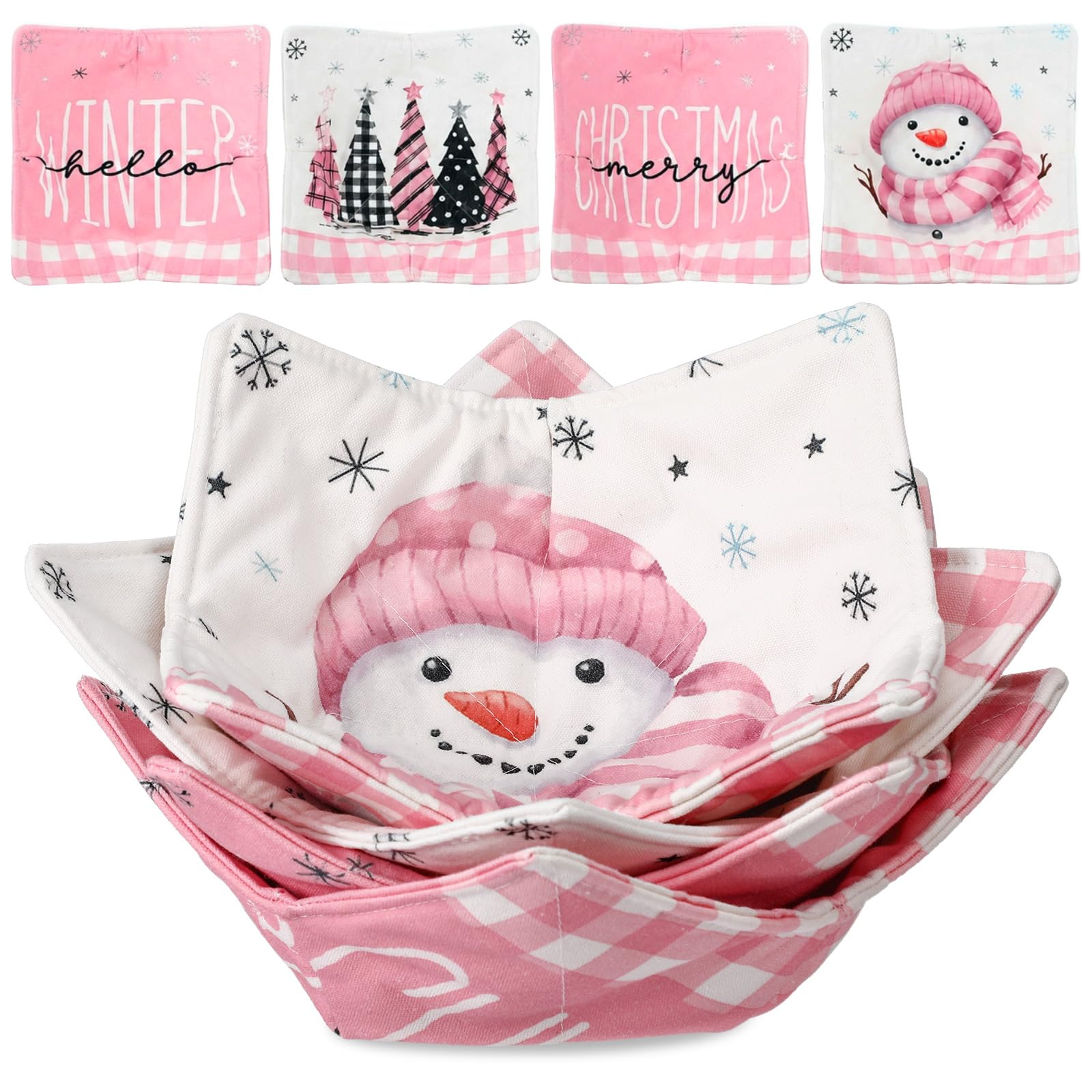 Bokon 4 Pcs Microwave Bowl Cozy Bowl Holder for Hot Food, Pink Christmas