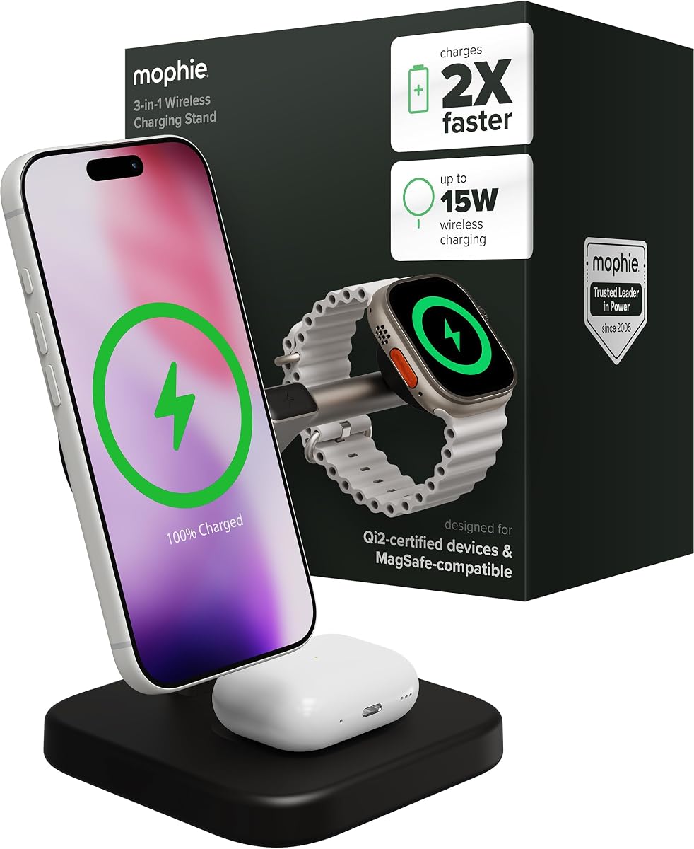 Soporte de carga inalámbrico 3 en 1 - Certificado Qi2, cargador MagSafe para iPhone, Apple Watch y AirPods - Estación de carga rápida con soporte ajustable para teléfono y gestión de cables - Hasta 15 W de potencia, negro
