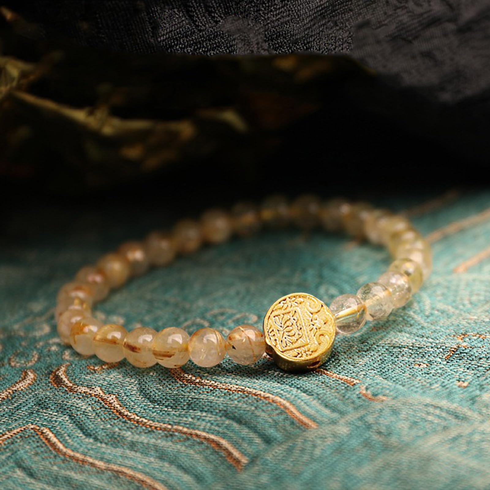 HLTYGWX Feng Shui Fünf Reichtumsgötter Perlen-Stretch-Armbänder, Citrin- und Rutilquarz-Energiekristall-Armbänder für Reichtum, Glück, Glück, Natursteine-Armband für Frauen, Männer, Meditation