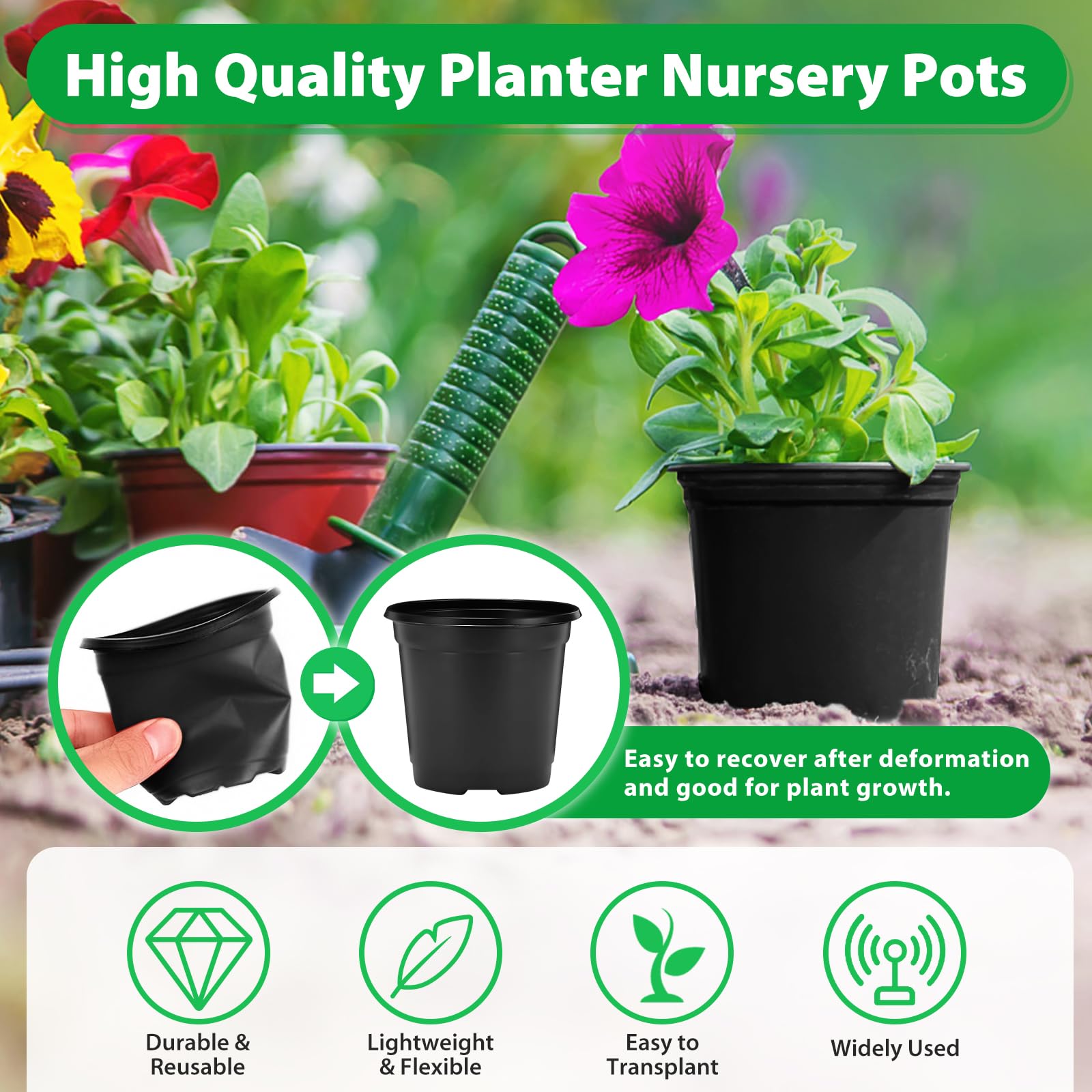Sfee 100 Pack Plant Nursery Pots 4 inch Plastic Plant Pots, Soft Durable Reusable Seed Starting Pots for Succulents Plants Vegetables Fruits Seedlings Transplanting with 100 Plant Labels (Black) - 4