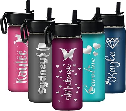 InterestPrint Personalized Water Bottles for Women Men Kids for School Sports, Custom Name Text Sports Insulated Water Bottle with Straw, Waterbottle Customized
