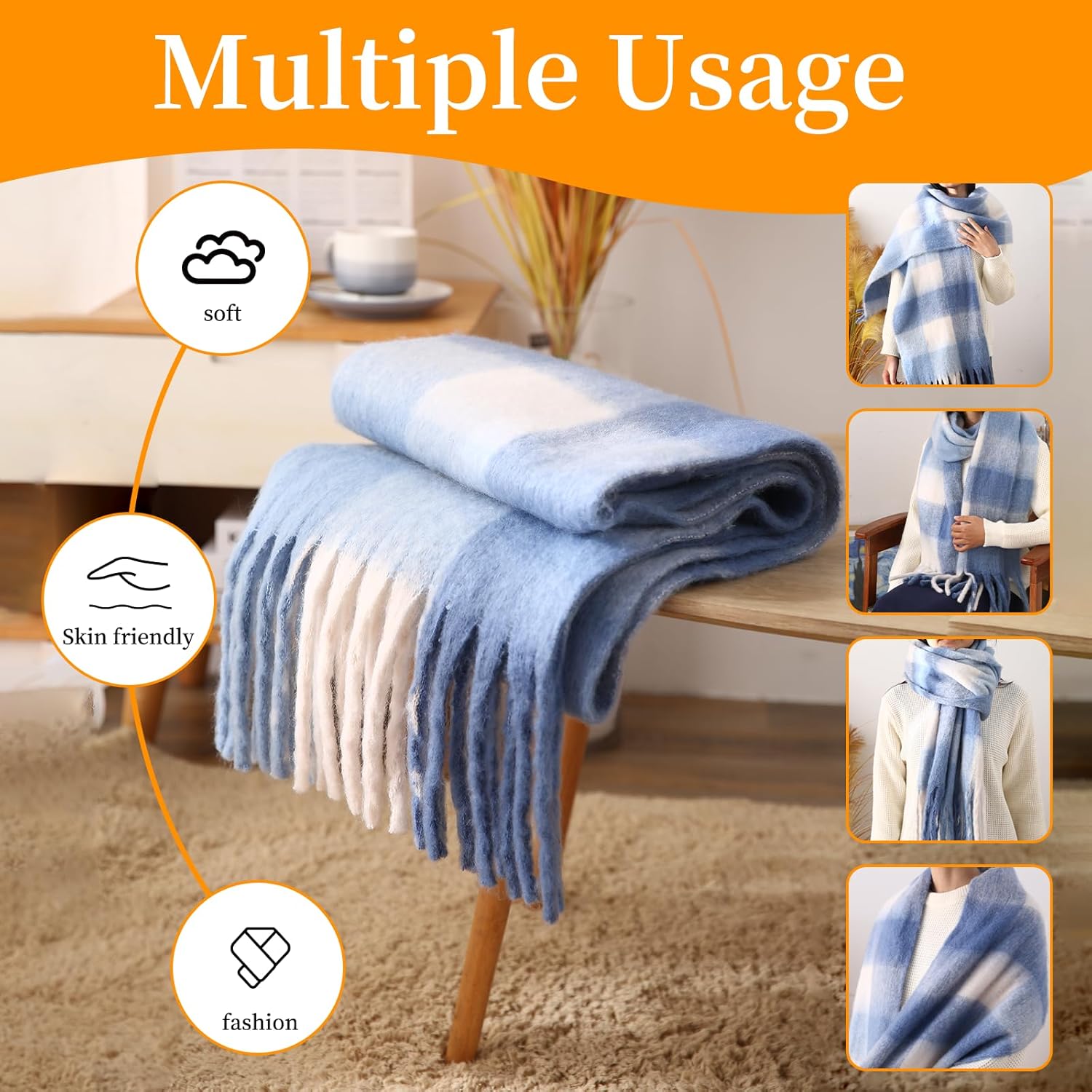 Winter Women Warm Rainbow Scarf Cold Weather Knitted Thick Blanket Scarf Long Shawl Large Scarves Colorful Plaid - Image 4