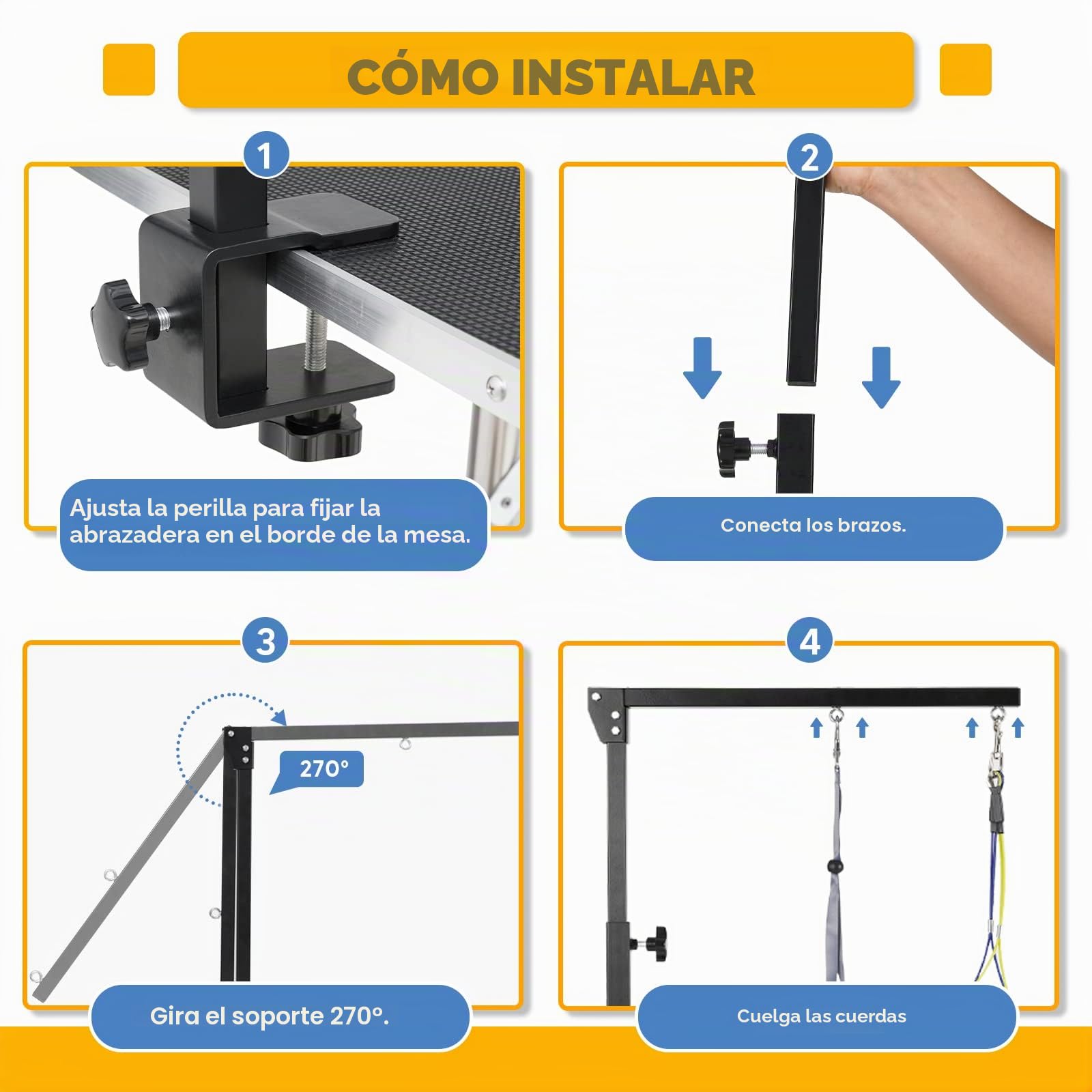 Brazo de aseo de mascotas para mesa, ajustable, antideslizante, portátil, perros y gatos pequeños y medianos, fuerte abrazadera metálica, 1 correa de sujeción y 2 cuerdas para evitar que se sienten