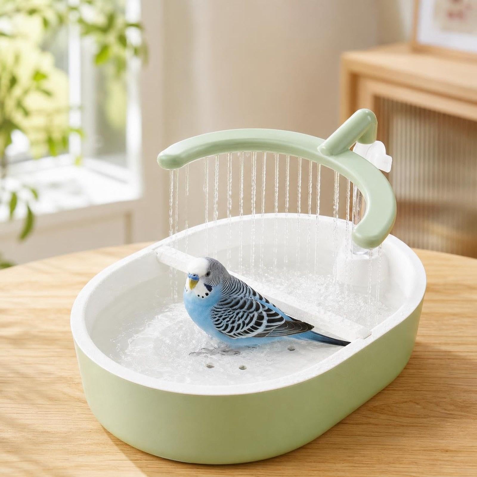 Baño Automático Ajustable para Loros, Bandeja Espaciosa, Fácil Montaje, Compatible con Parejas, Baño Higiénico para Agapornis, Verde