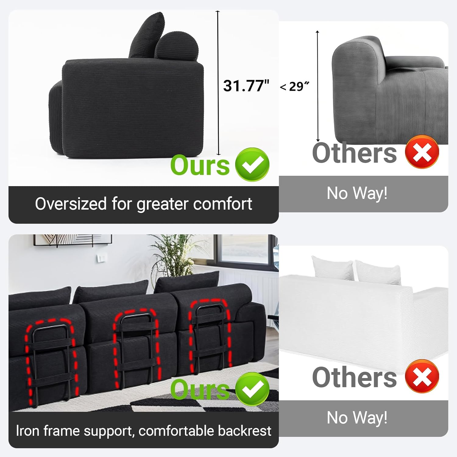 Fefances 120" Modern L-Shaped Modular Sectional Sofa, No Assembly Modular Boneless Couch Oversized 3-Seater Cloud Couch with Deep Seat and Movable Ottoman for Living Room-Corduroy Upholstery Black
