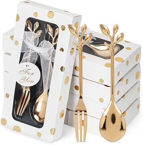 30 Pcs Wedding Forks and Spoon Set, Leaf Flower Coffee Teaspoon with Gift Box, Wedding Baby Shower Return Gift Tea Party Decoration Souvenir or