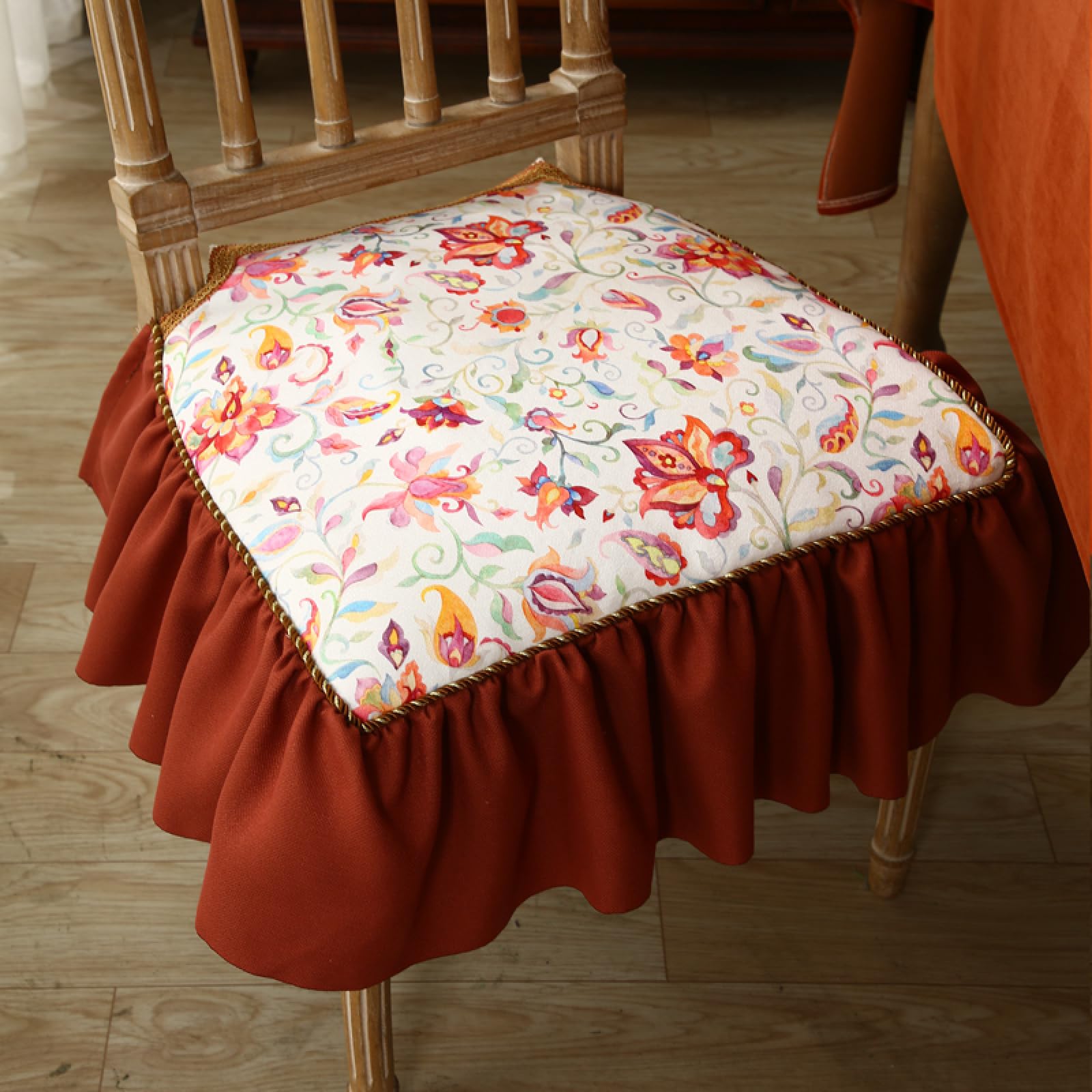 Floral Dining Chair Pad with Ties, Elegant Ruffle Non Slip Seat Cushion 20" x 20", Farmhouse Vintage Country Cottage Kitchen Dining Chair Cushion, Red