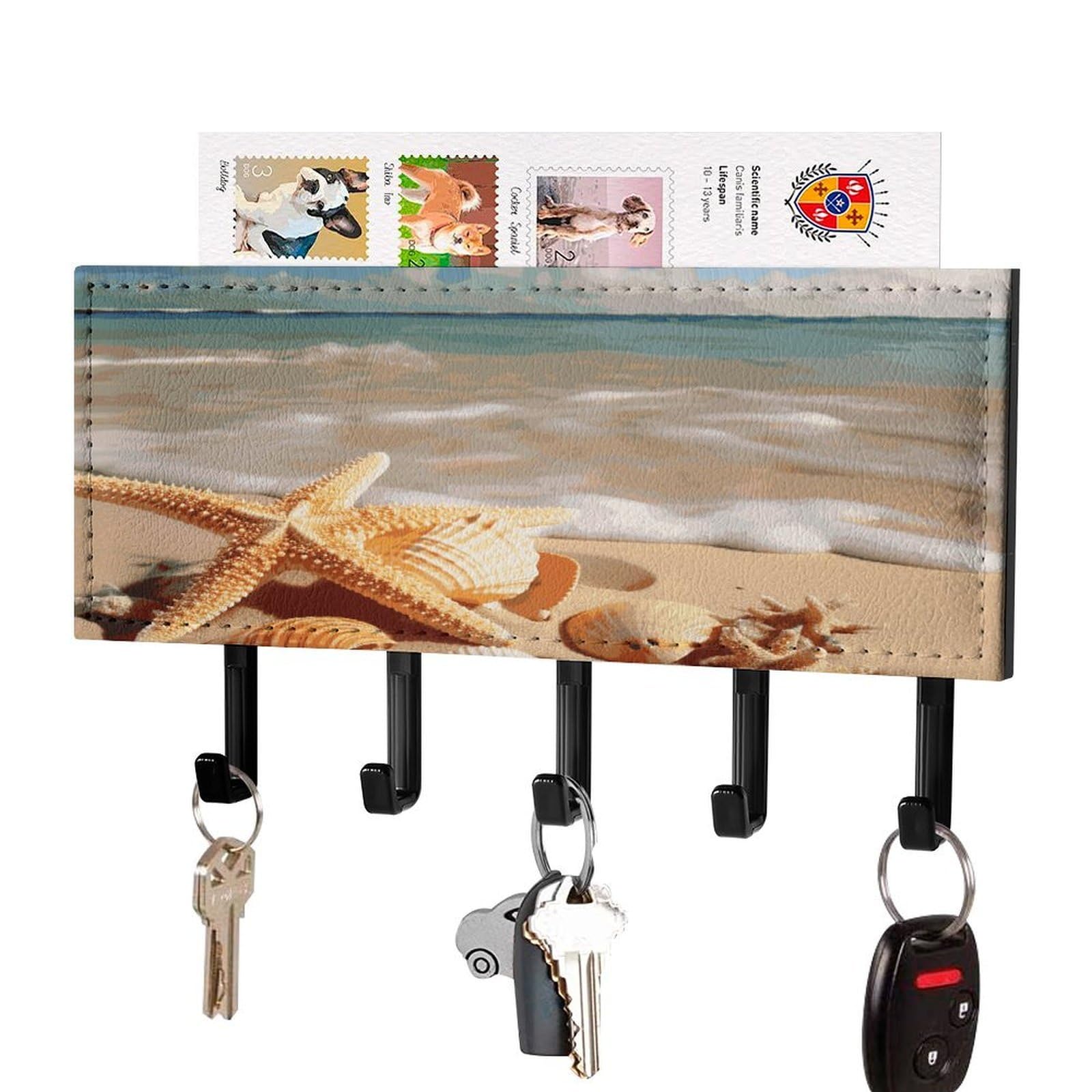 FekiLoot Seashells Starfish on Beach Key Holder for Wall Decorative Mail Organizer with 5 Key Hook Self Adhesive Key Rack with Tray Coat Rack Wall Mount Key Hanger Decor for Entryway Door