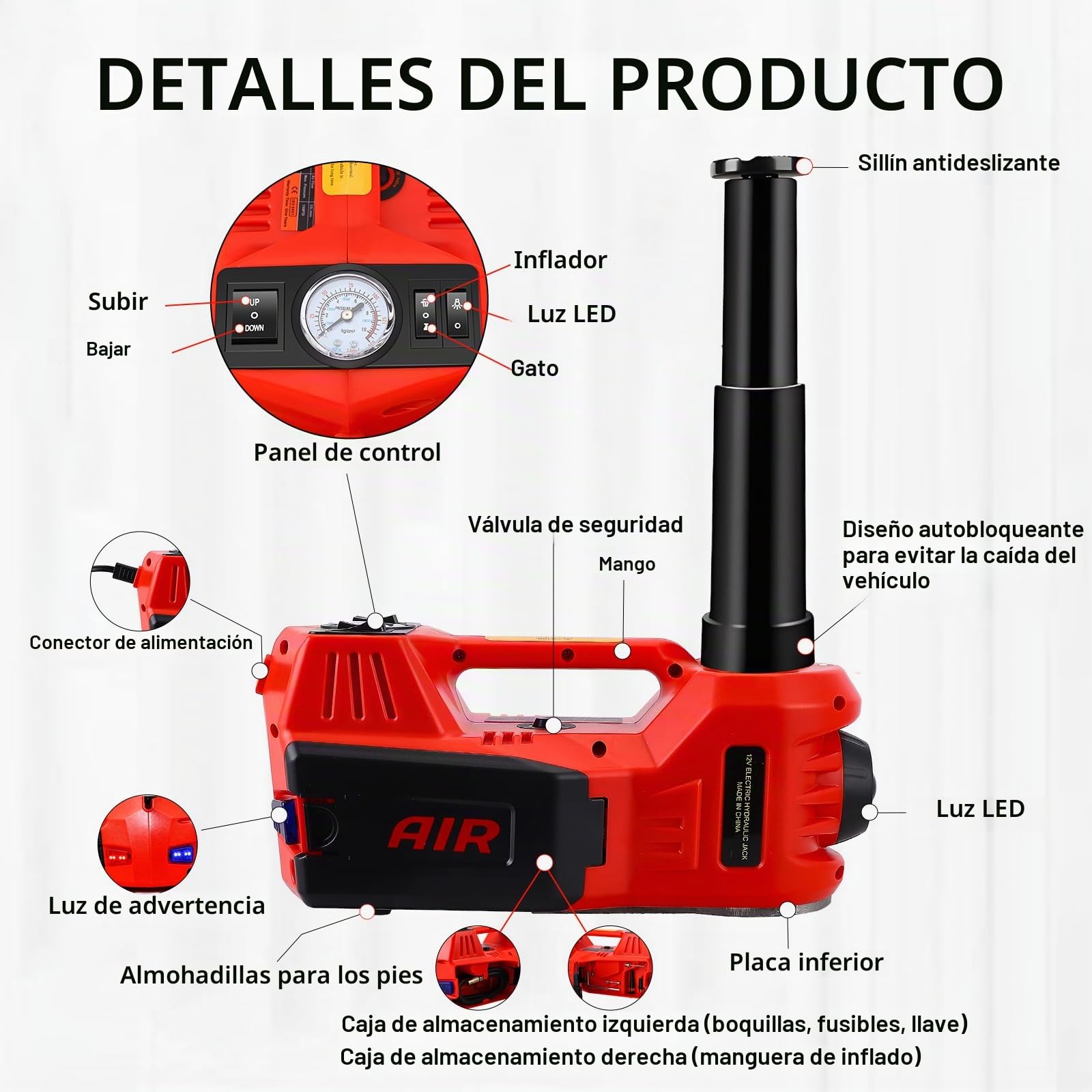 Gato Electrico para Coche 5T, 12 V Gato Hidráulico para Coche, 15-45 cm de Alcance de Elevación, con Bomba Inflable y luz LED, 4 en 1 para Auto/SUV/Camión, Cambio de Neumáticos
